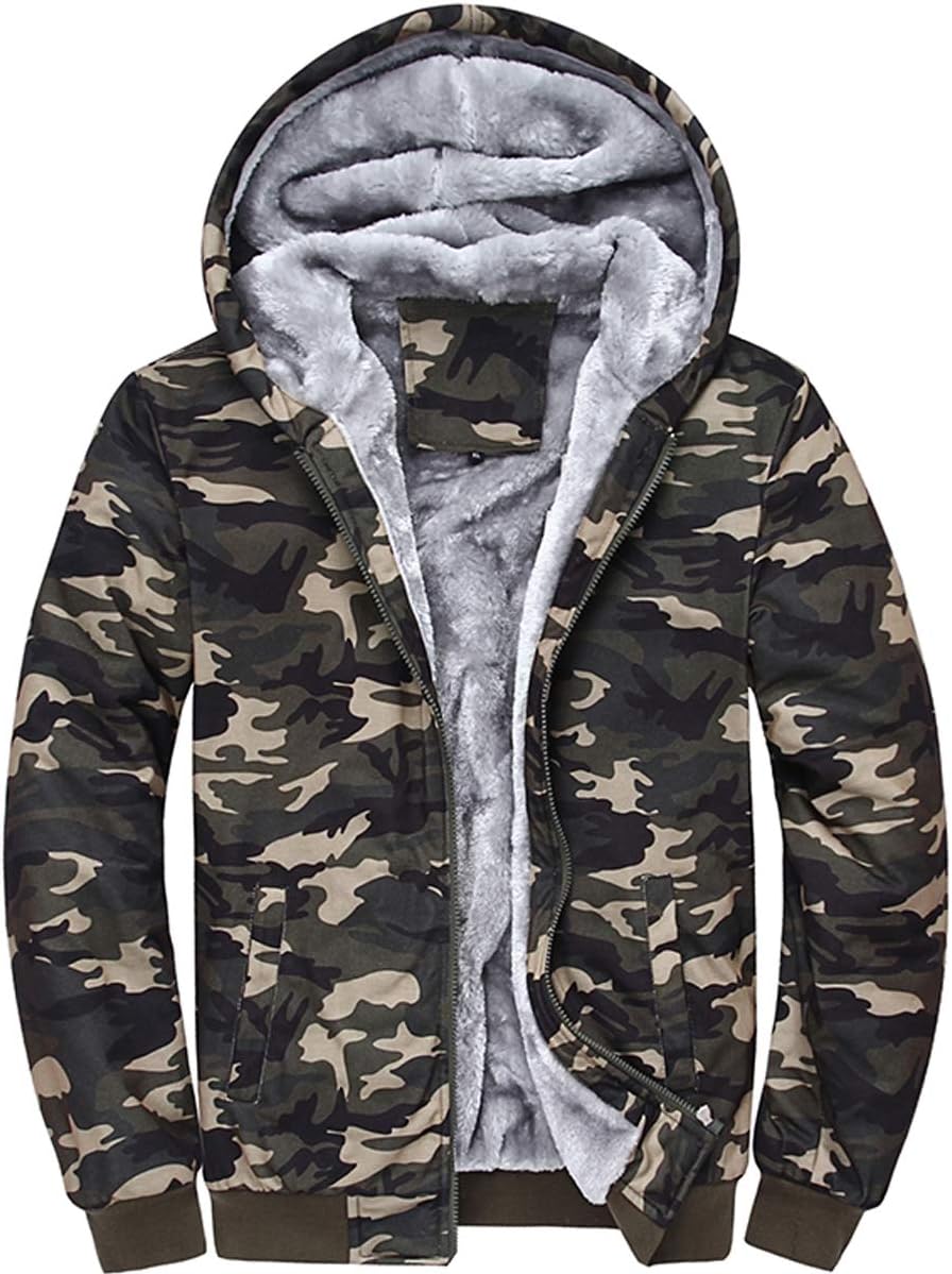 WIEAYUMEIMen Hoodies Fleece Zip up Hooded Sweatshirts Pullover Warm Jackets Winter Fuzzy Sherpa Lined Camouflage Coats
