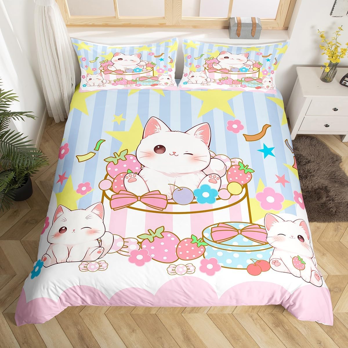 Manfei Kawaii Cats Bedding Set Cartoon Kittens Strawberry Comforter Cover Cute Fruits Flowers Stripes Duvet Cover Women Girls Room Decor Soft Polyester Full Bedding Collection 3Pcs,No Comforter