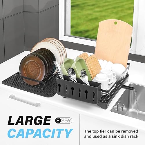 Miniatura 5 de EPSY Escurridor de platos, 2 niveles, estante de secado de encimera de cocina de acero inoxidable negro con tapete para secar platos, soporte para