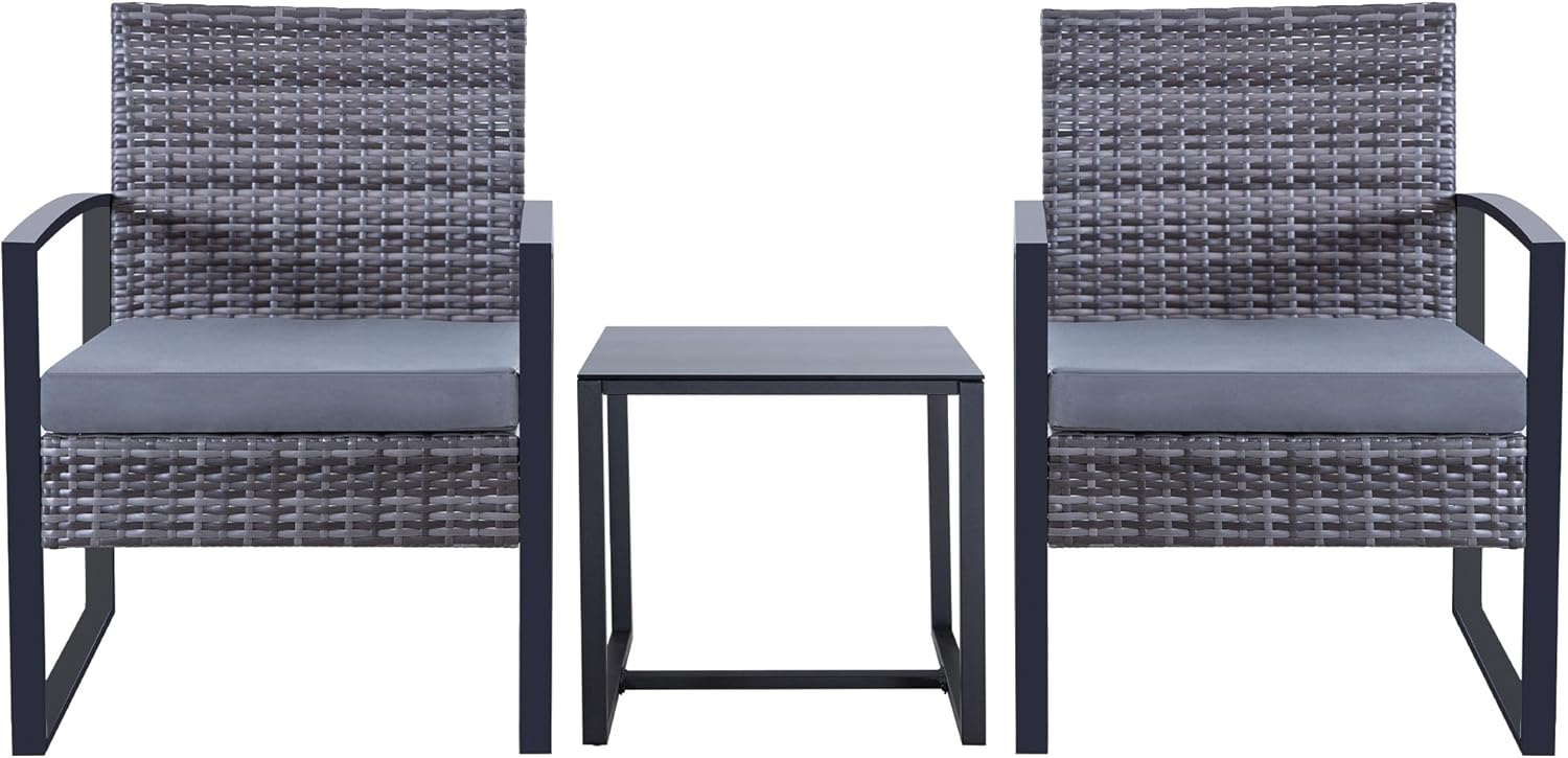 3 Piece Outdoor Patio Set - Bistro Set Outdoor with Porch Chairs Set of 2 and Coffee Table, Wicker Patio Chairs with Cushion and Pe Wicker for Backyard, Garden, Porch (Gray)