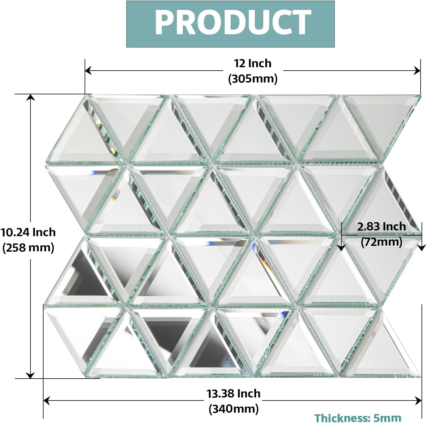 Beveled Mirror Mosaic Tile, Silver, 3 Inch Triangle Mirror Tiles for Kitchen Bathroom Wall 5 Sheets/Box