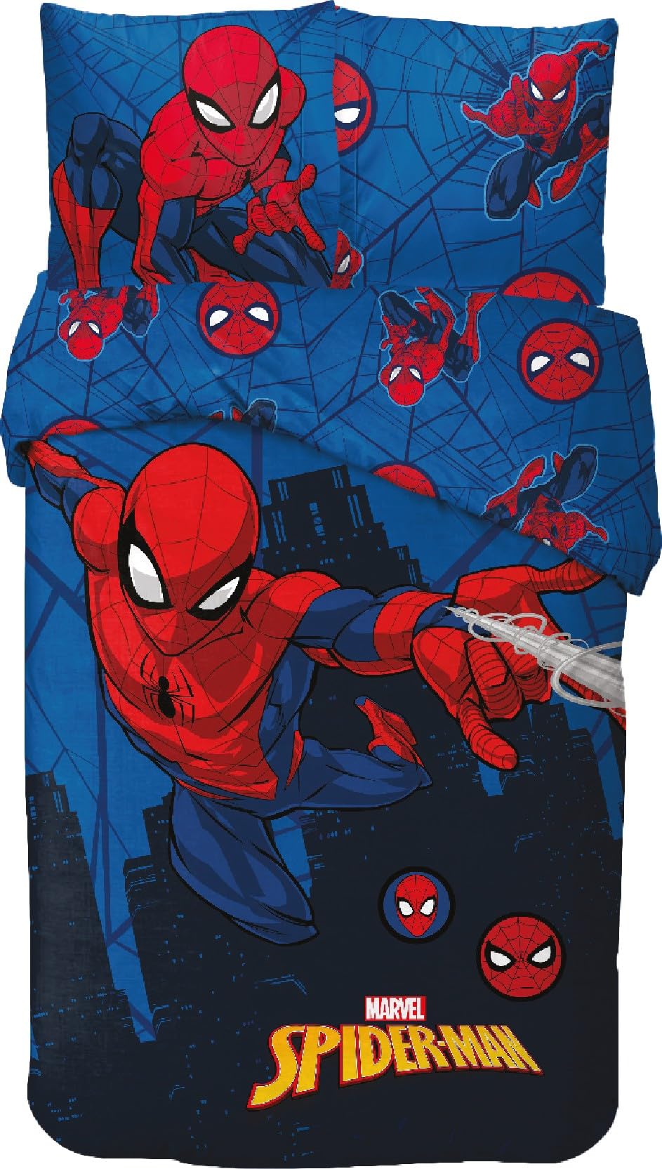 Parure Letto Bambino Spiderman Home Jumping - 100% Cotone, Copripiumino 140x200 + Federa 63x63, Certificato Oeko-TEX, Blu