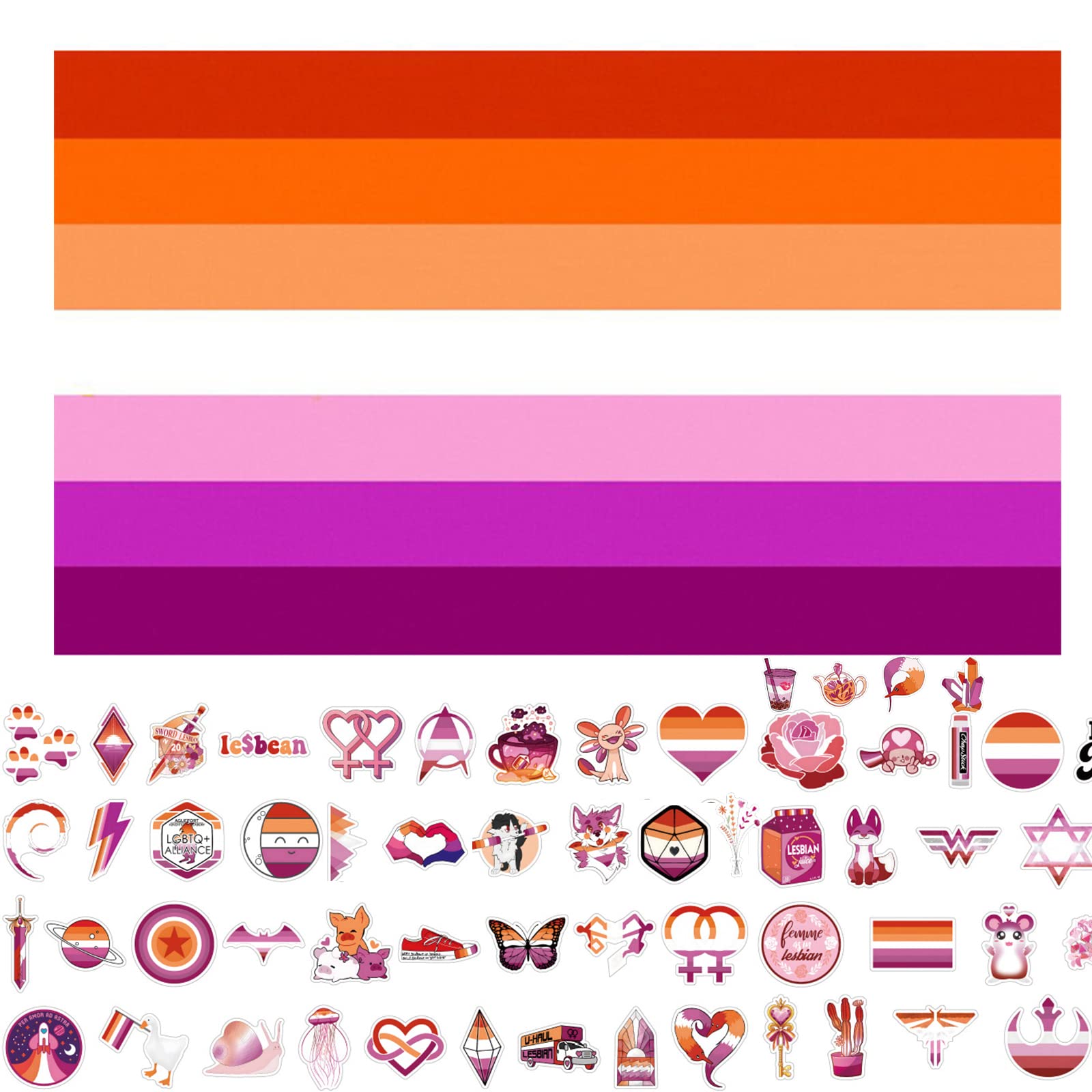 GoldRock Lesbian Flag Sticker Set, Lesbian Flag 150 x 90 cm + 60 Stickers, Lesbian Pride Flag, Lesbian Pride Flag Merch for Indoor, Outdoor, LGBTQ, Pride Events, Parades and Decorations