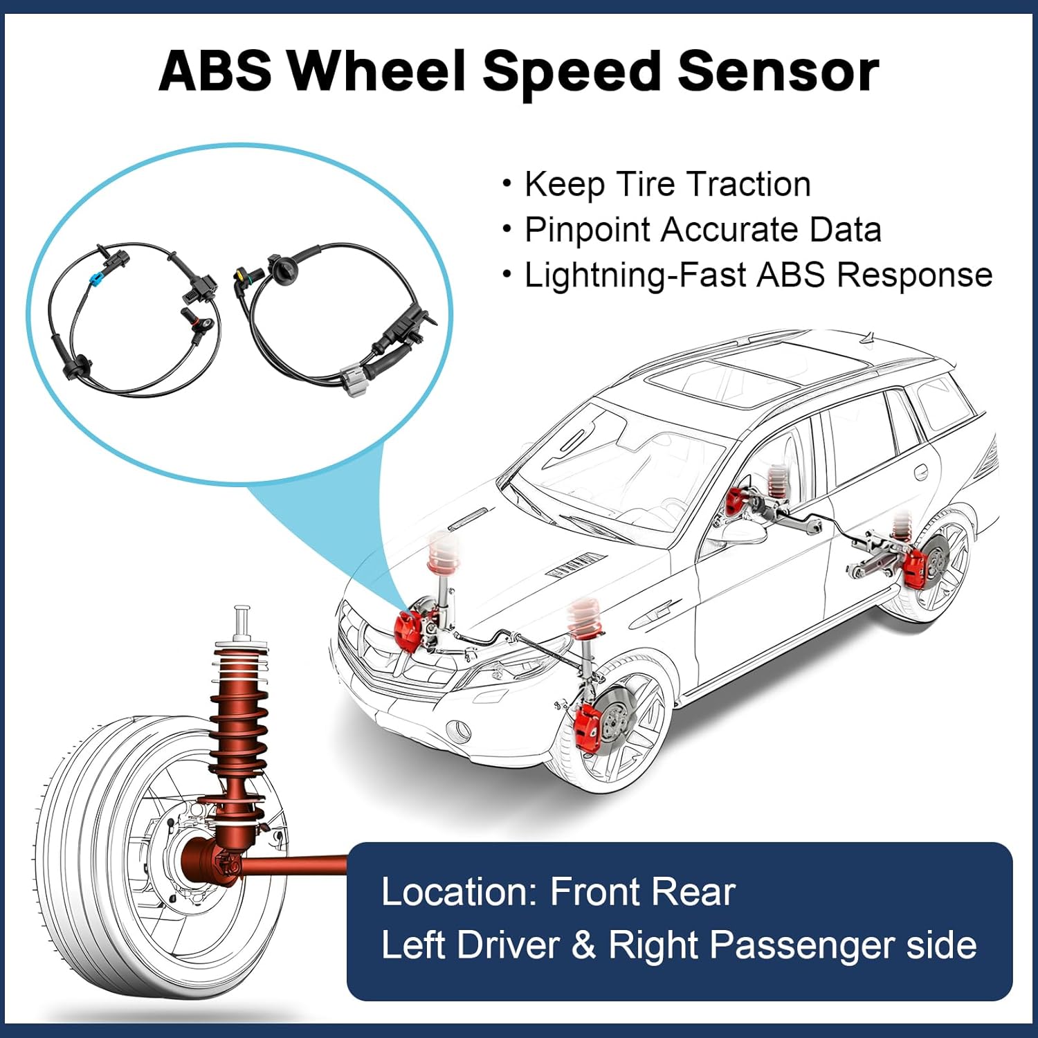 ABS Wheel Speed Sensor Front Rear Left Right Fits for 2007-2014 Chevy Suburban 1500 Tahoe, 2007-2013 Silverado 1500 Avalanche GMC Sierra, 07-14 GMC Yukon XL Cadillac Escalade, 15229012 15121067, 4PCS