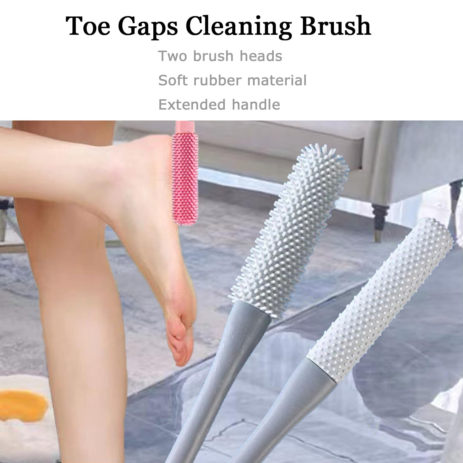 4PCS Toe Gaps Cleaning Brush,Silicone Foot Cleaning Brush with Long Handle,Toes and Feet Brushes with Two-Type Heads,Shower Foot Scrubber for Elderly (Pink&Gray) - Image 2