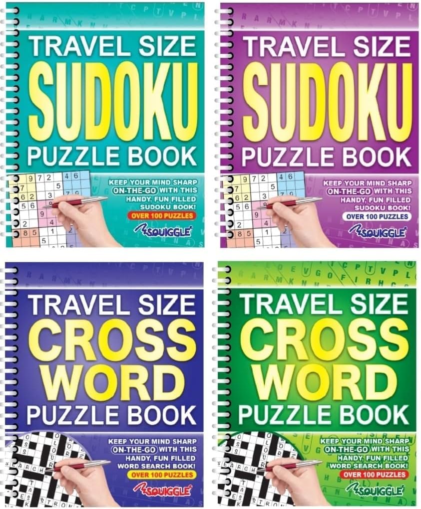 Youngland Travel Size A5 Puzzle Book Set of 4, Sudoku, Crossword & Word Search Puzzle Books, 100 Puzzles per Book with Solutions, Portable Spiral Bound Brain Games for Travel, Holidays & Home (Set 1)