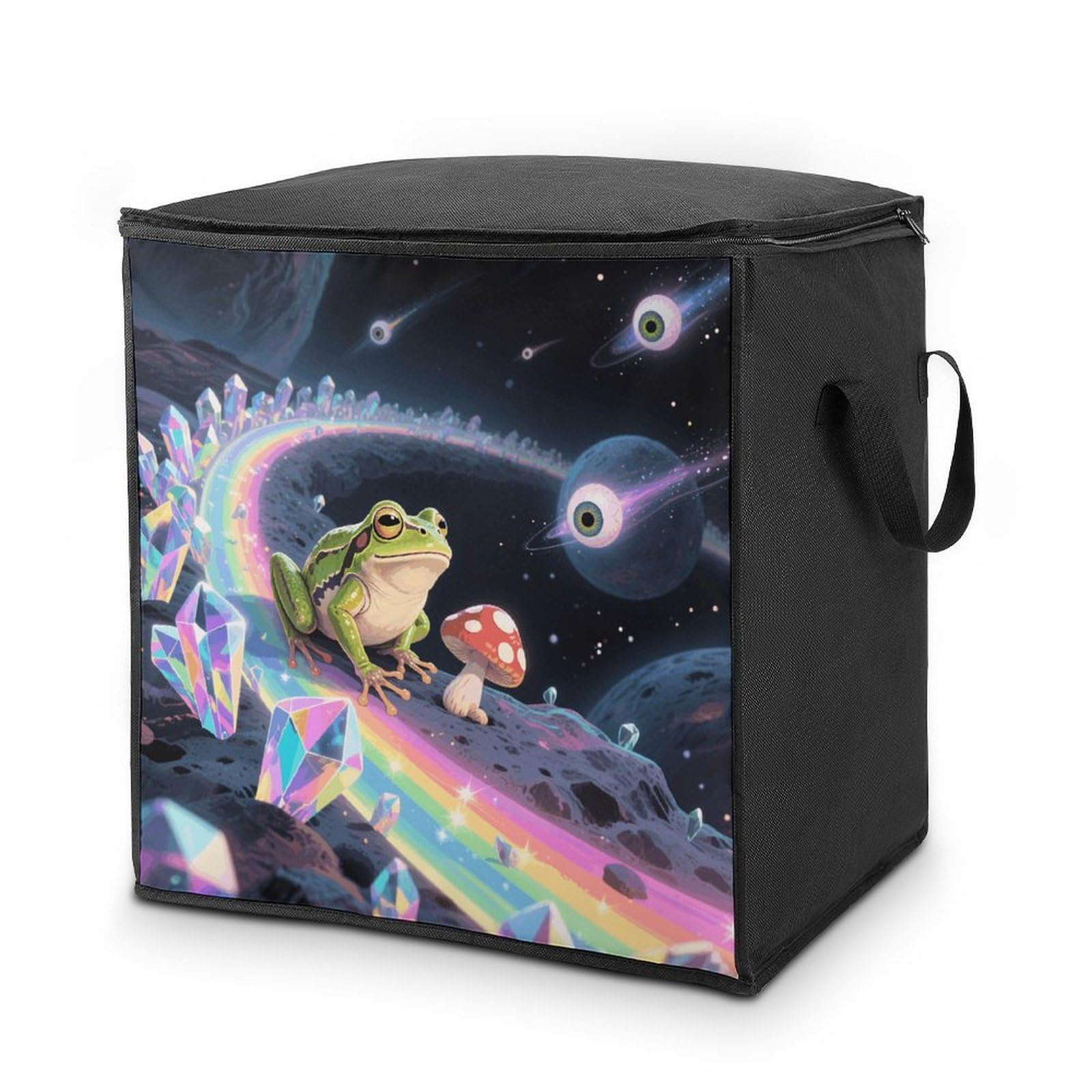 Funny Space Frog Mushroom Large Storage Bags with Zippered Storage Organizers Bag Clothes Storages Bins with Lids Foldable Storages Containers with Reinforced Handles for Blanket Bedding