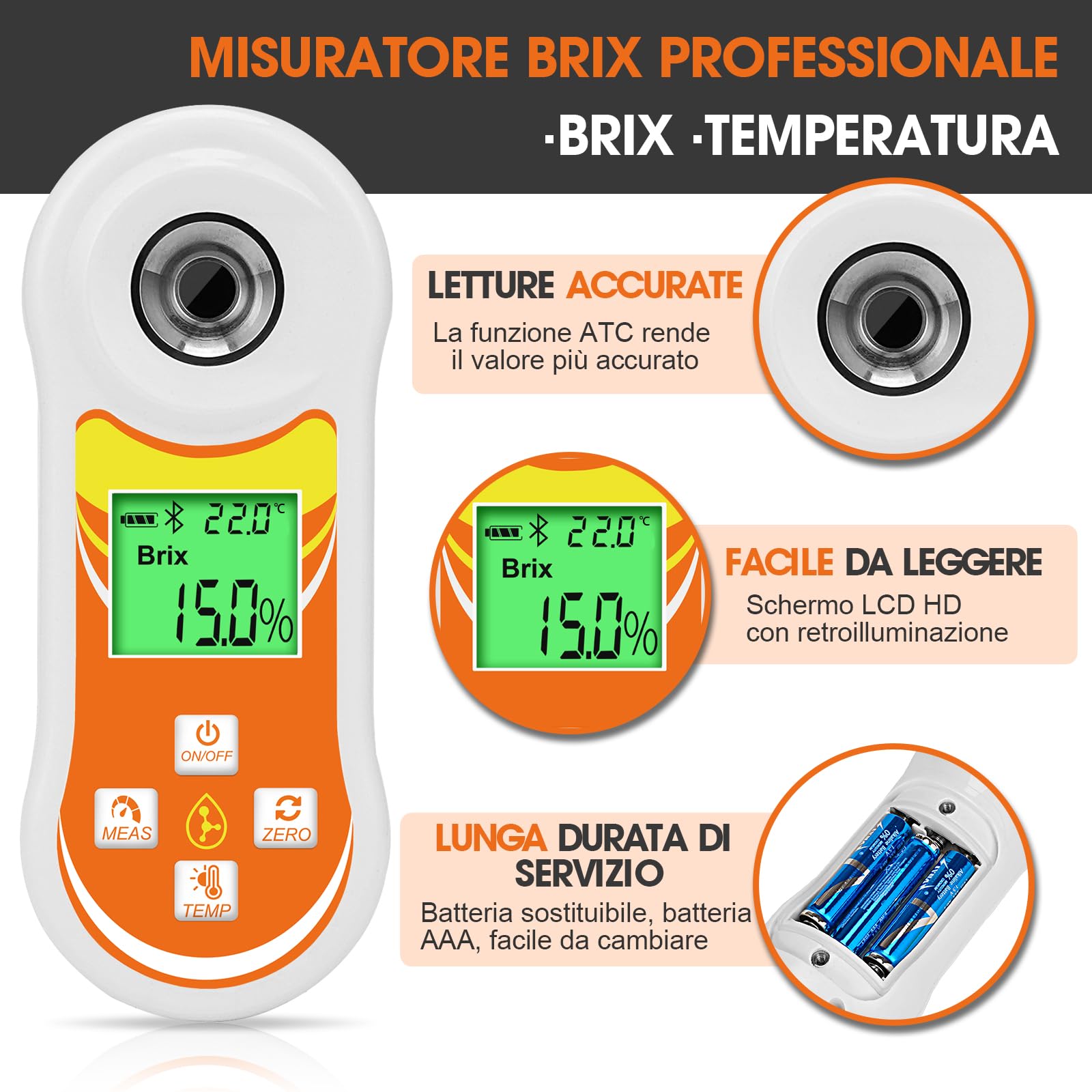 Rifrattometro Brix intelligente, tester Brix digitale YINMIK (0-60%), misuratore zucchero con ATC, metro Brix portatile per frutta, produzione casalinga di vino e birra, caffè, succo, cibo, verdura