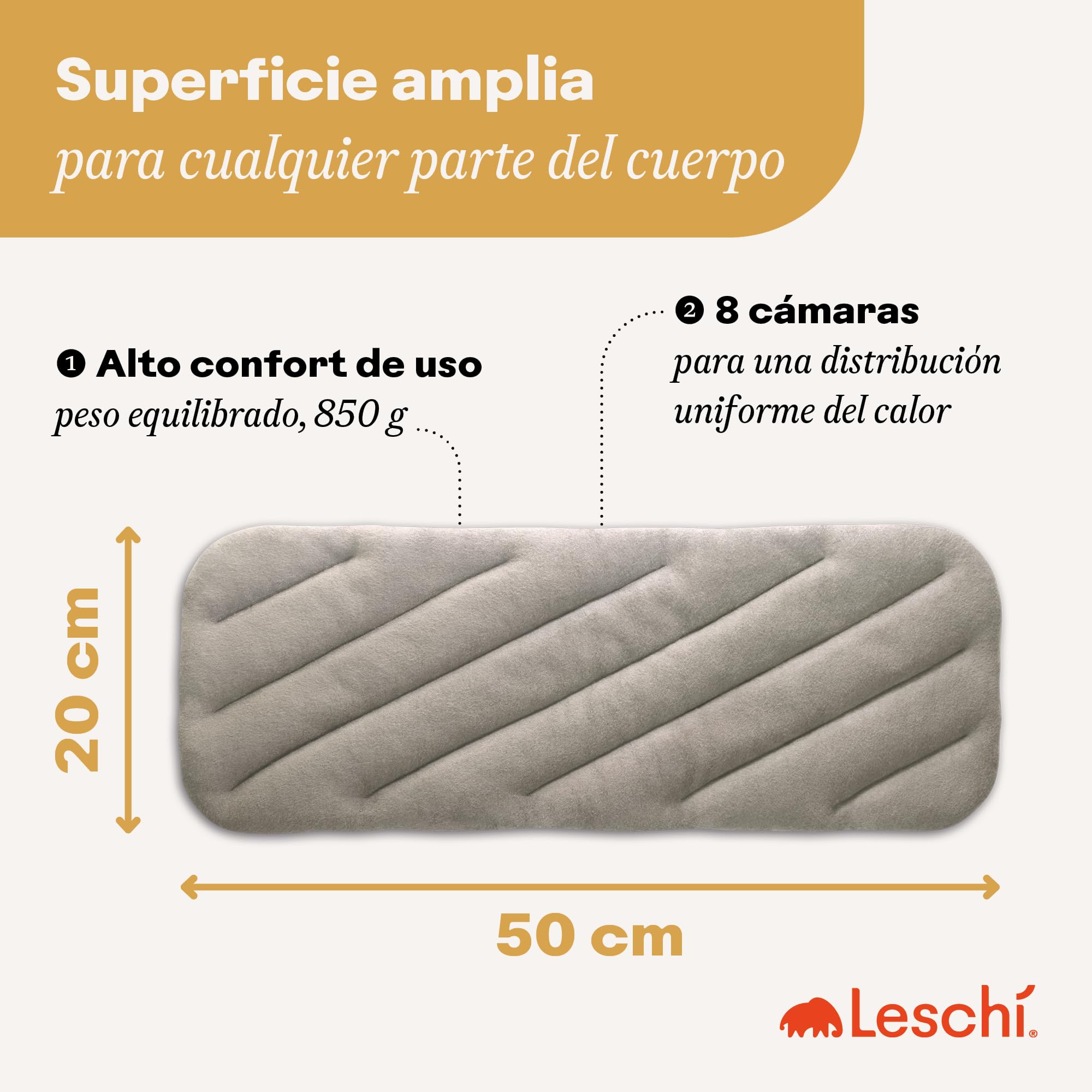 LESCHI XXL Saco Térmico de Semillas para Microondas 50x20cm, Saco de Semillas de 8 Compartimentos, Bolsa Semillas Microondas ideal para Cervical y Espalda, 100% Algodón y Trigo Orgánicos, Gris