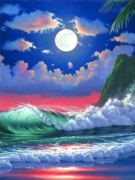 FILASLFT Diamond Painting Kits for Adults DIY 5D Beach Diamond Art Paint with Round Diamonds Full Drill MoonscapeGem Art Painting Kit Beach Moon View for Home Wall Decor Gifts(12x16inch/3040cm)