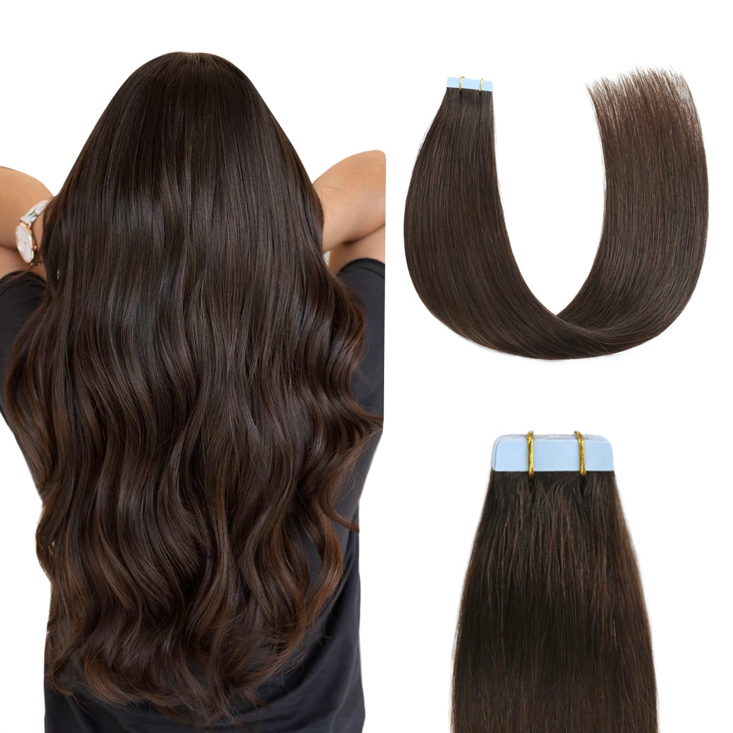Sunya Tape in Hair Extensions Human Hair Invisible Tape Hair Extensions 16 inch Tape in Hair Extensions Dark Brown Straight Hair Extensions Tape in 40g 20pcs/Pack