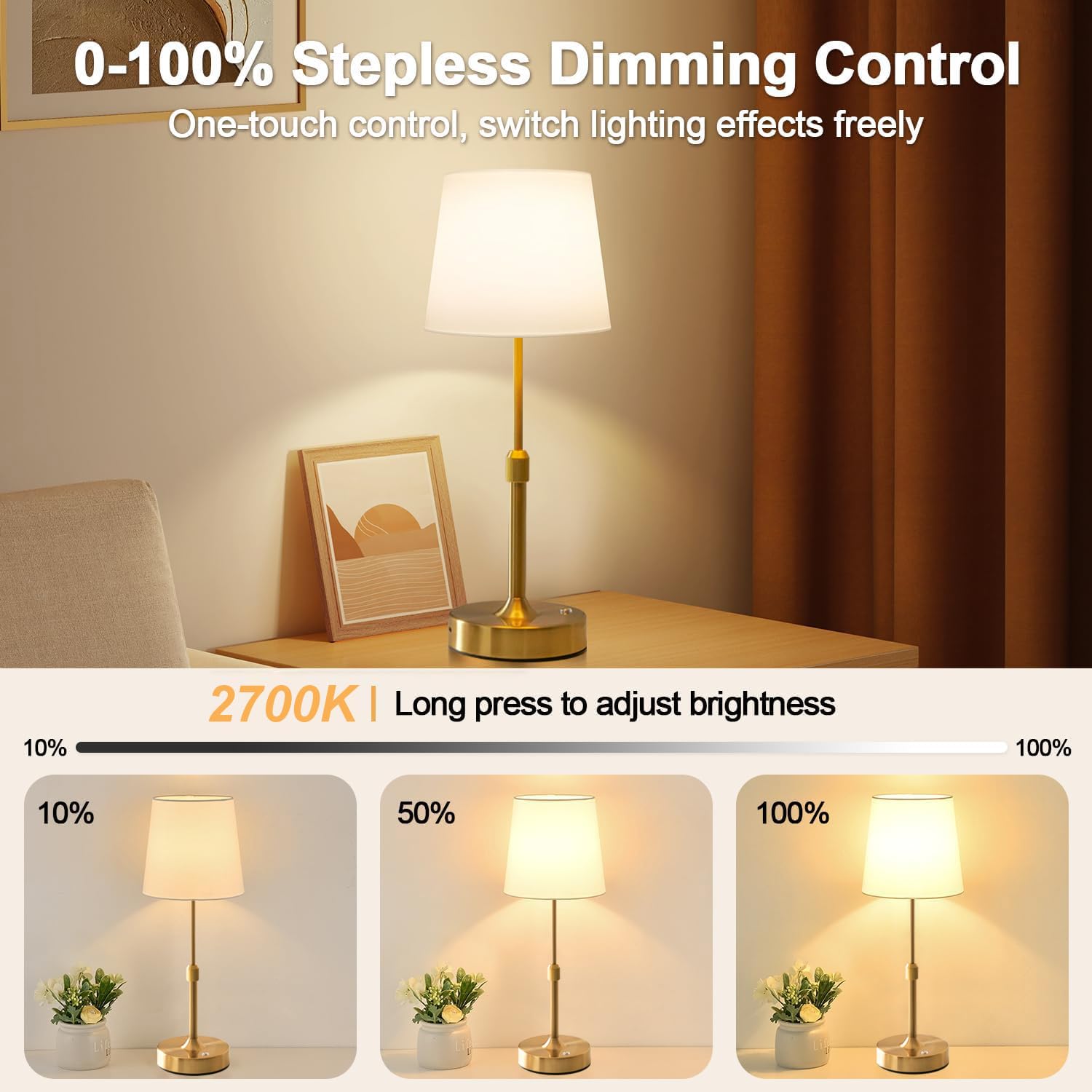 Regulable LED Batería Lámpara de Mesa Inalámbrica, Lámpara de Mesa Recargable Toque con USB-C, Faros de Cama de Noche Ajustable en Altura para Dormitorio Sala de Estar, 5200mAh (Lámpara LED Incluida)