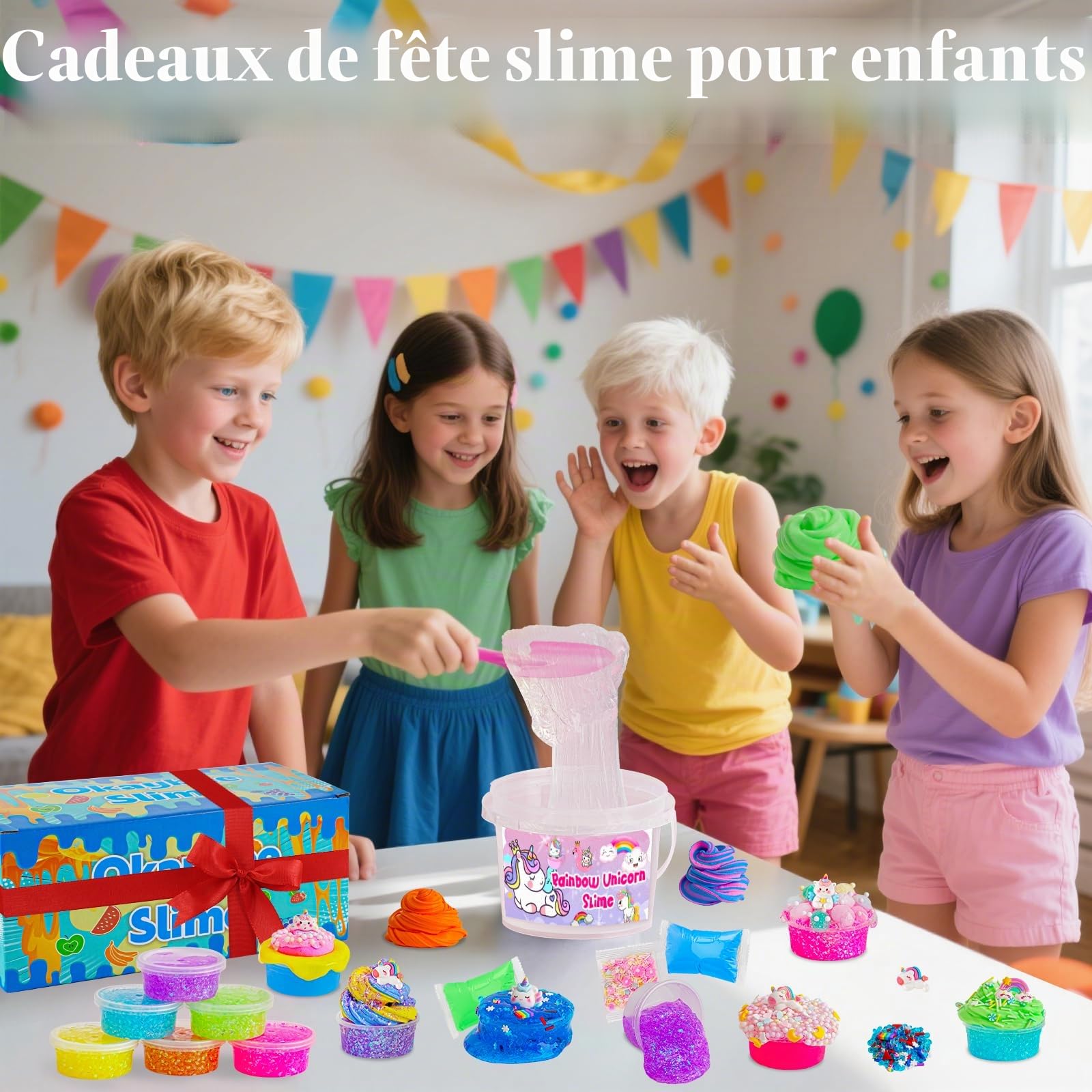 Kit de fabrication de slime transparent avec 36 compléments et base préfabriquée de 45 ml – Kit de fabrication de slime arc-en-ciel dans un seau pour enfants, cadeau pour filles et garçons âgés de 8 à