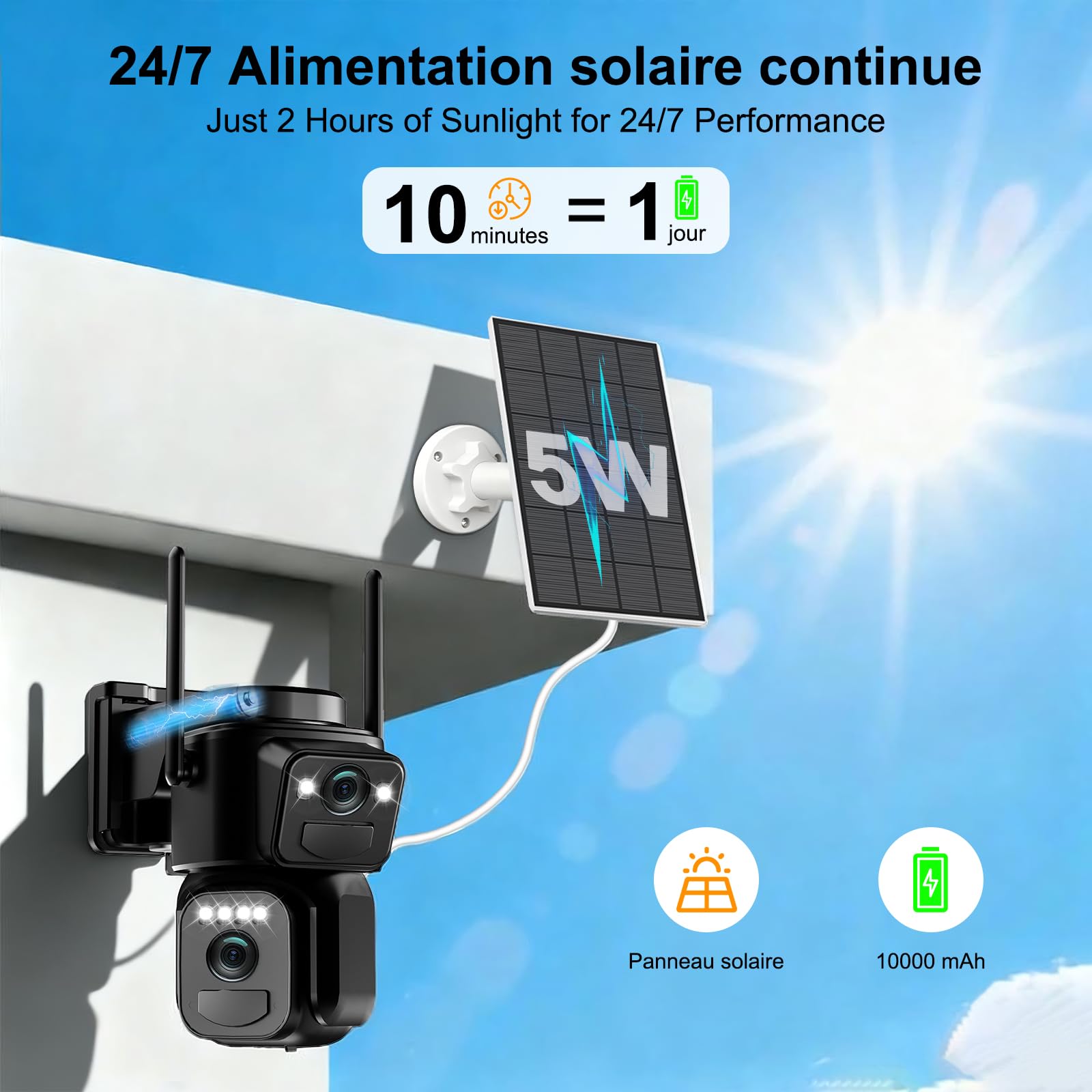 24/7 AOV Telecamera Wi-Fi Esterno con Pannello Solare,Telecamera WiFi | Senza Fili Doppio Obiettivo 4K,Videocamera Sorveglianza,Rilevamento Umano PIR,Visione Notturna a Colori,2.4G/5GHz,IP66