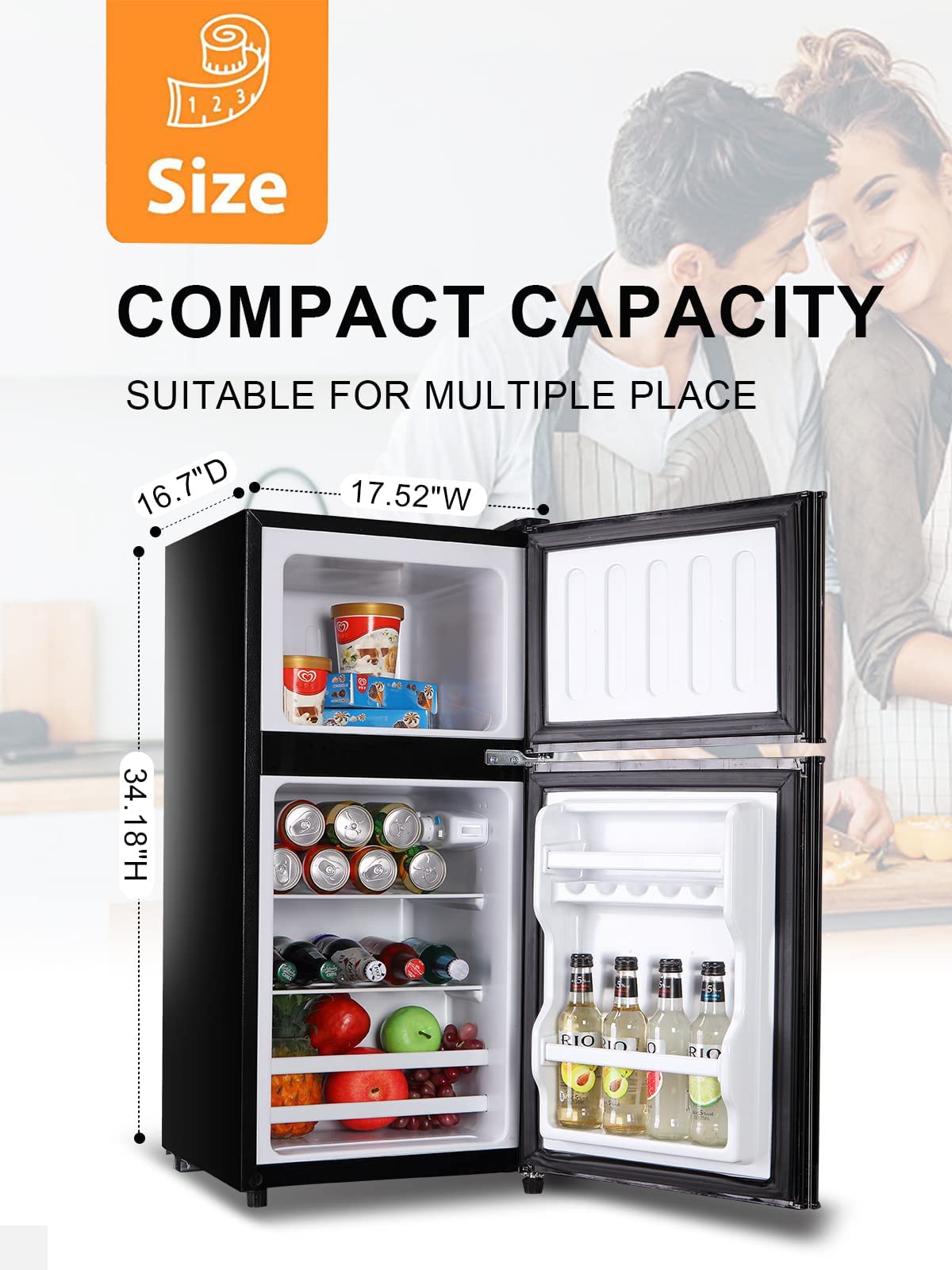 KRIB BLING Mini Fridge With Freezer,3.5 Cu. Ft Compact Refrigerator With 2 Doors,7- Level Adjustable Thermostat, Removable Glass Shelves For Bedroom, Office, Kitchen, Apartment, Dorm, Black on Fridge.com