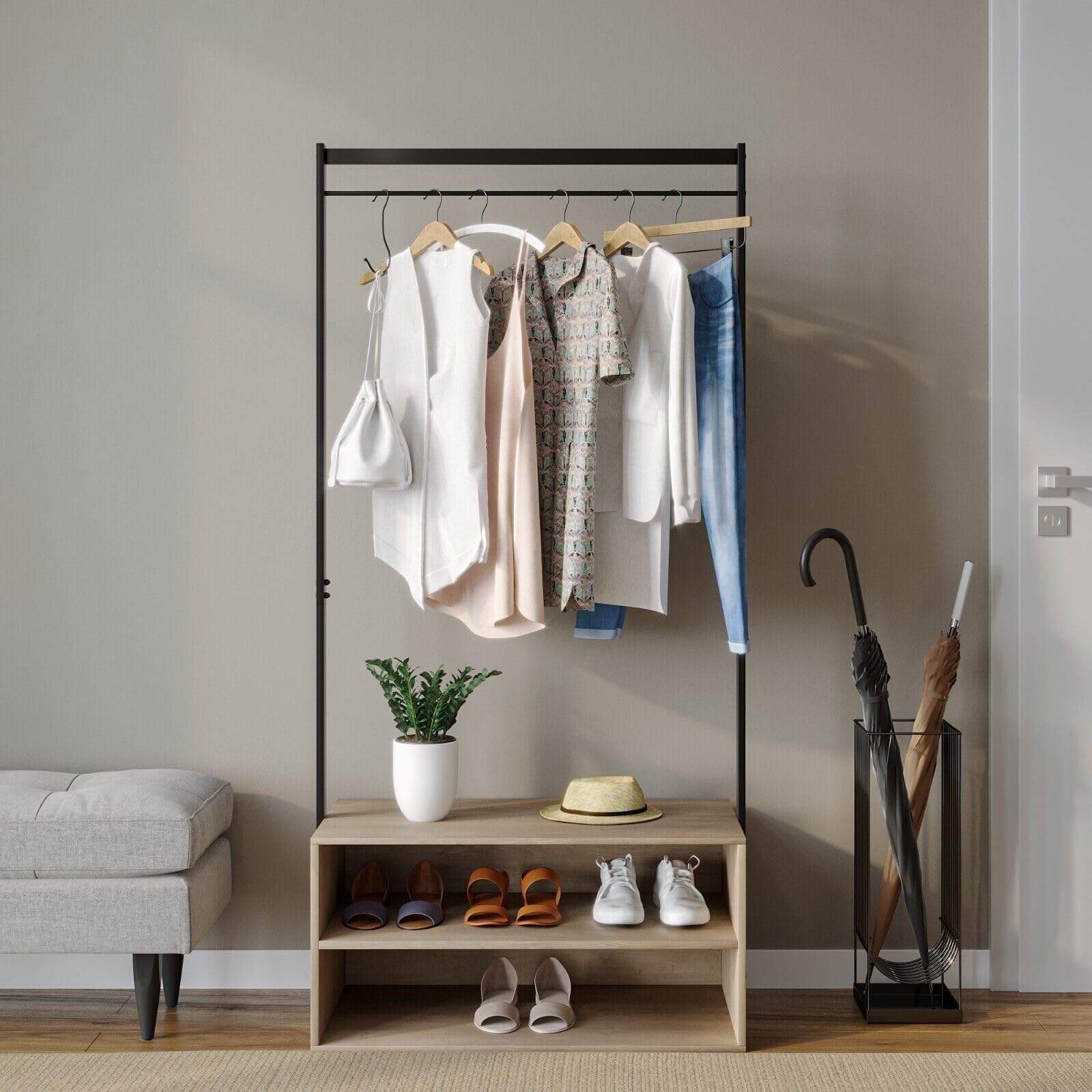 Urbn Living (Oak) Wooden Shoe Rack Shelf Storage & Metal Clothes Coat Garment Hanging Display Rail