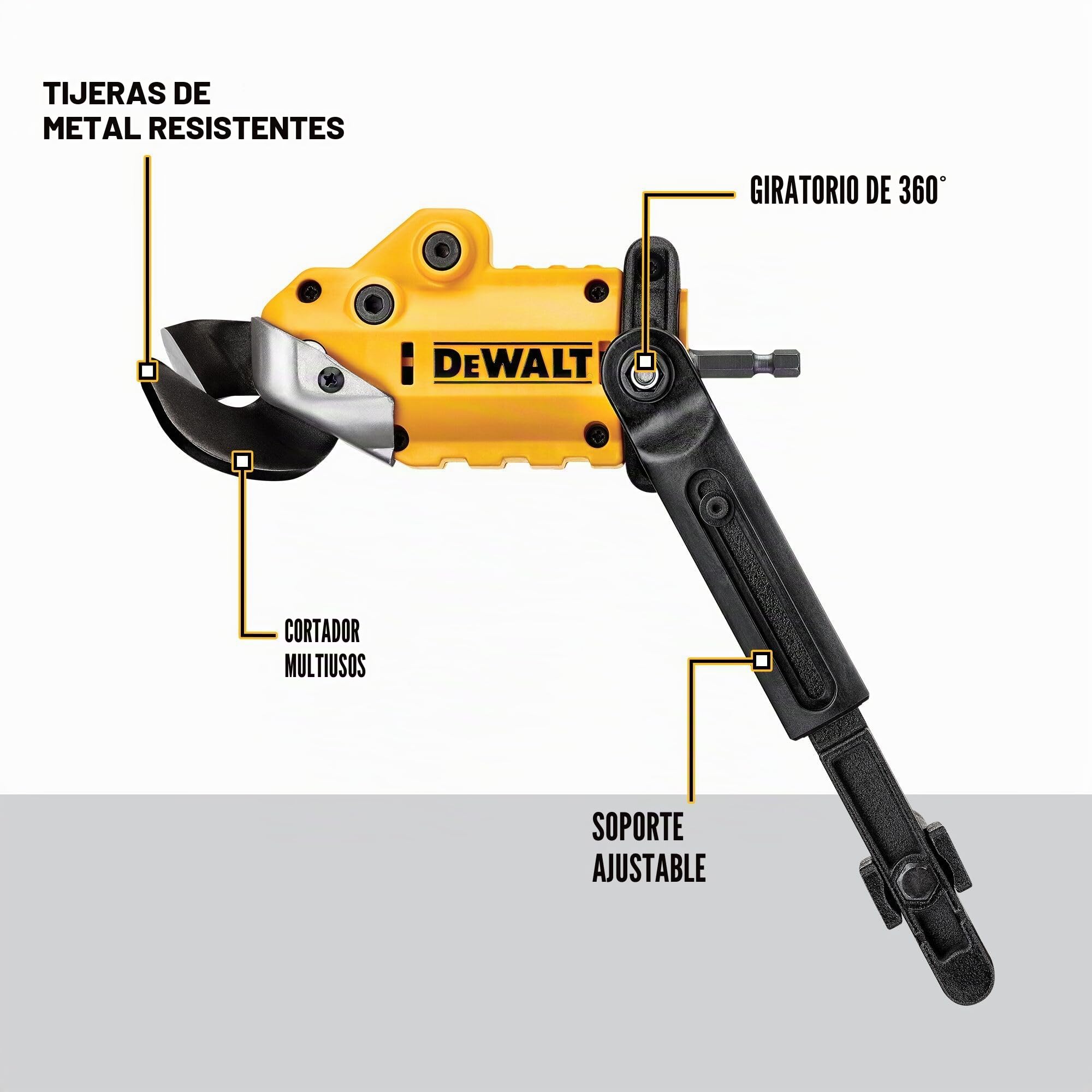DEWALT Accesorio para taladro de corte de metal, listo para impacto, cabezal giratorio de 360 grados, corta material de 18 GA (DWASHRIR) (amarillo, negro)