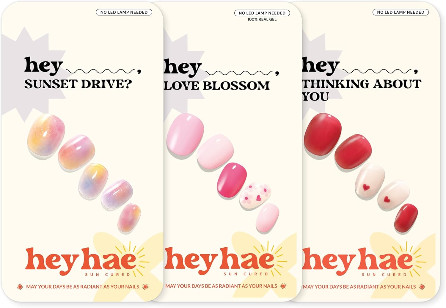 Heyhae Semi Cured Gel Nail Strips Assorted Bundle (3 Pack) | No LED Lamp Needed | Easy Apply & Remove, Salon Quality | Includes Strips, Prep Pads, Nail Files & Wooden Sticks - Date Night