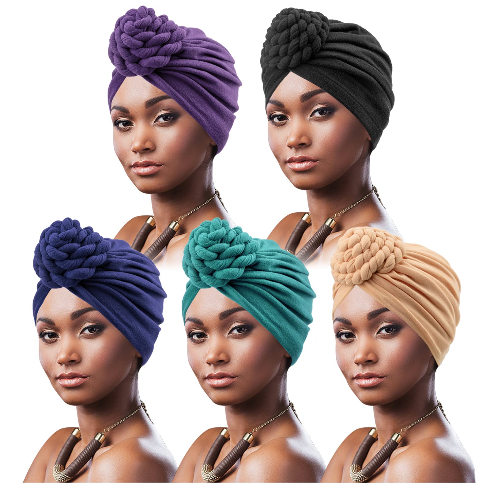 DRESHOW 5 Pack Knotted Headwraps for Women African Turban Pre-Knotted Beanie Headwraps Hair Covers