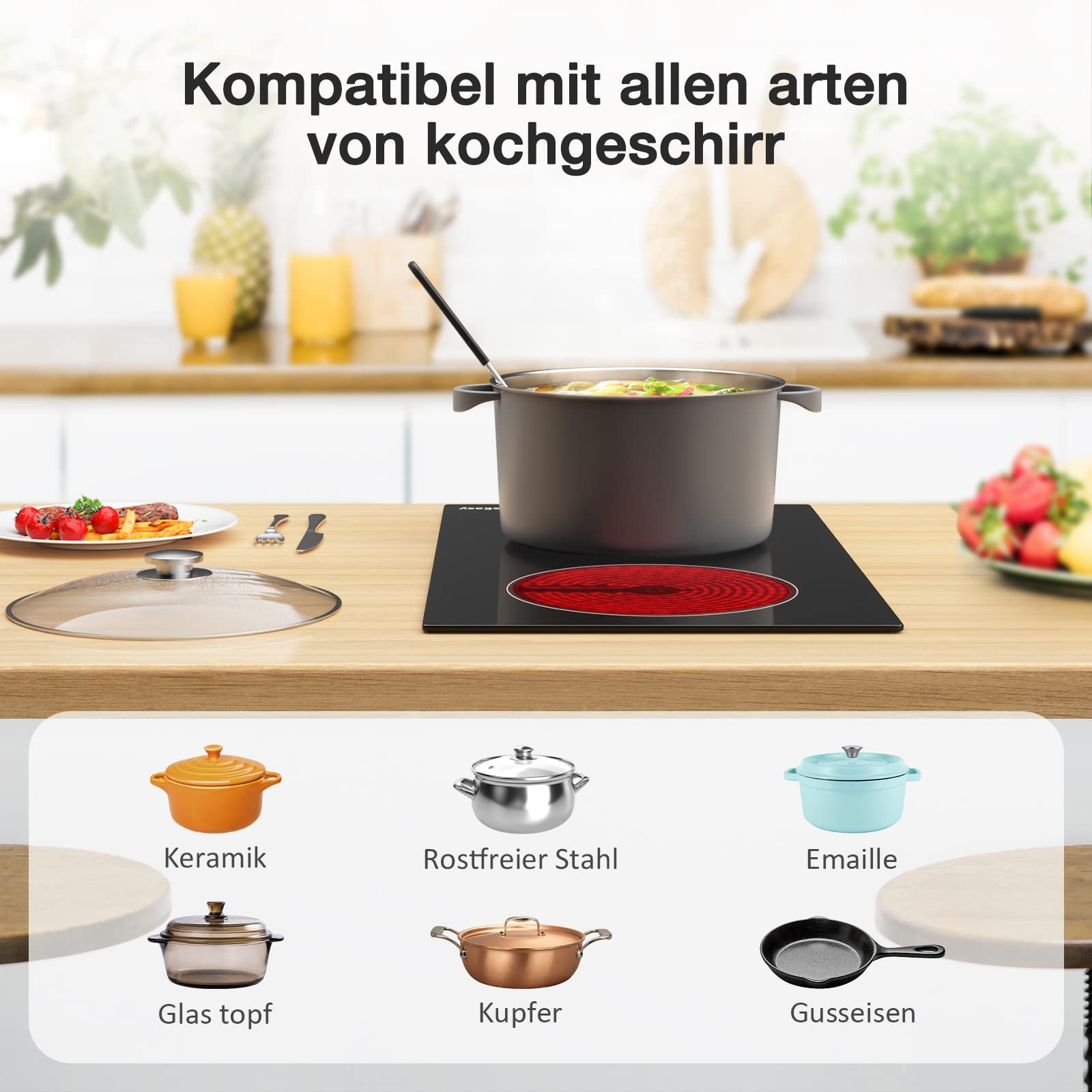 IsEasy Domino Glaskeramikkochfeld 2 Platten 3200W 29.5cm 11 Leistungsstufen Schwarz