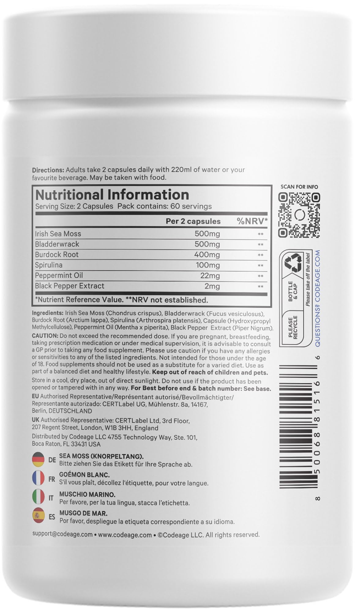 Codeage Raw Wildcrafted Irish Sea Moss Nahrungsergänzung – mit Bladderwrack, Klettenwurzel, Spirulina, BioPerine & Pfefferminzöl – Vegan, Nicht-GVO – Superfood-Mineralkomplex – 120 Kapseln