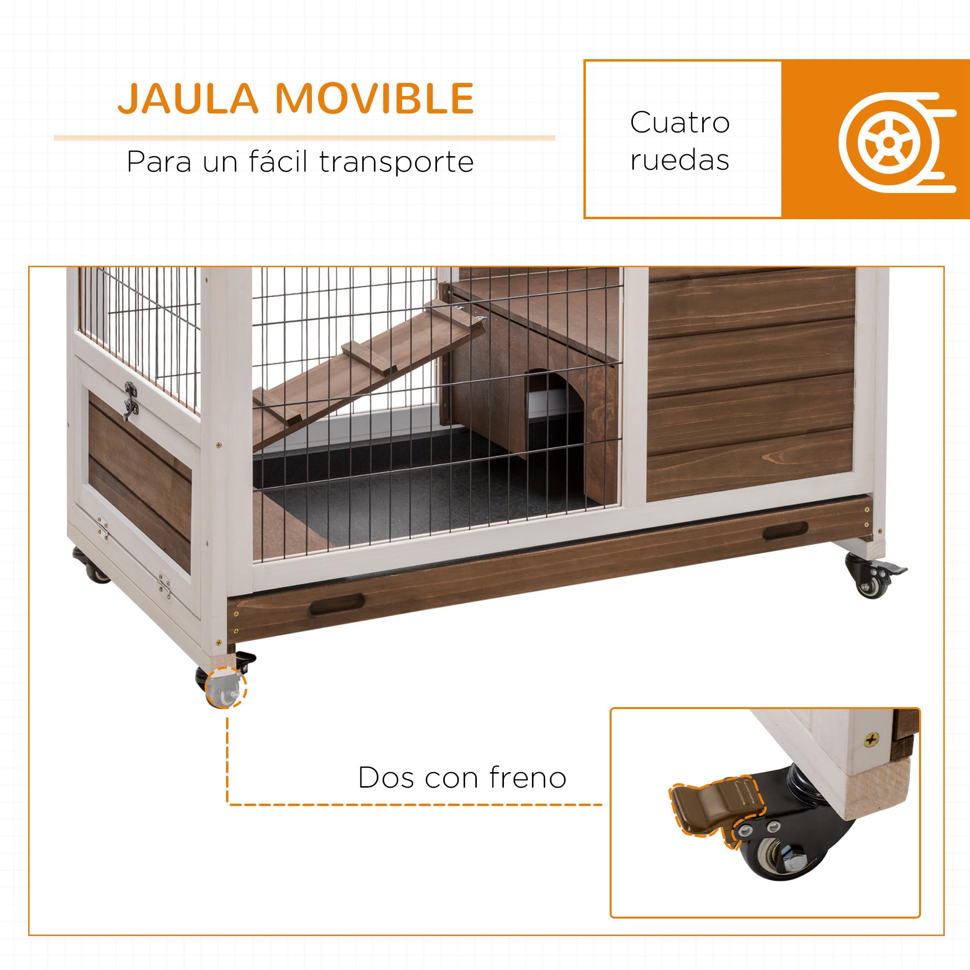 PawHut Jaula para Conejos de Madera Conejera para Mascotas Pequeñas Portátil Interior con Techo Abrible Rampa Bandeja Extraíble para Conejillos de Indias 90x53x59 cm Marrón