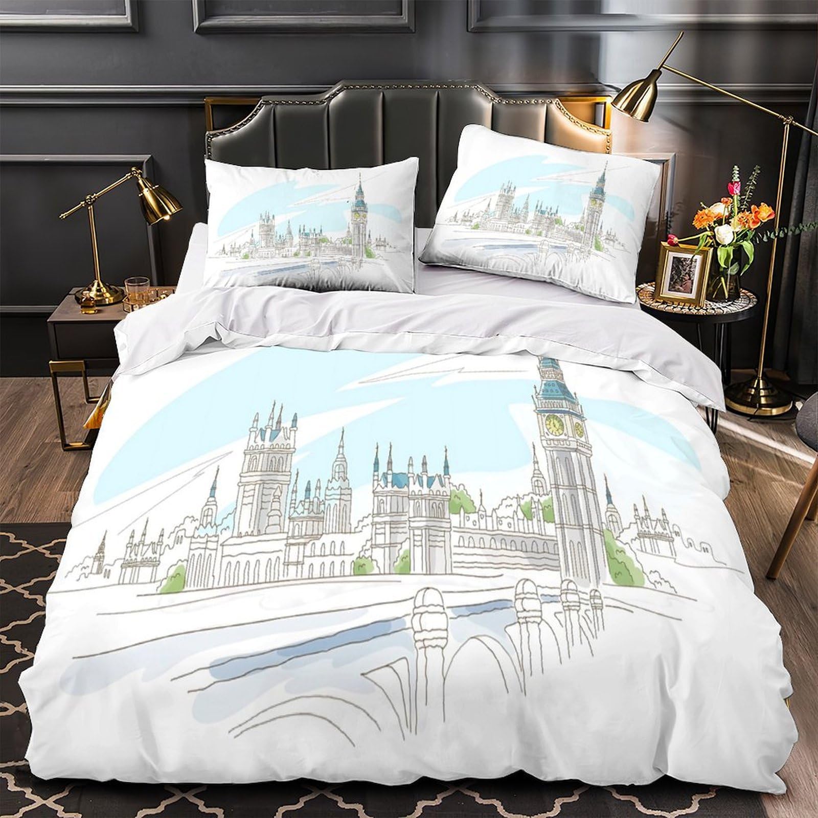 Parure de Lit 140x200 Londres Skyline 3D Housse Couette Microfibre Ado