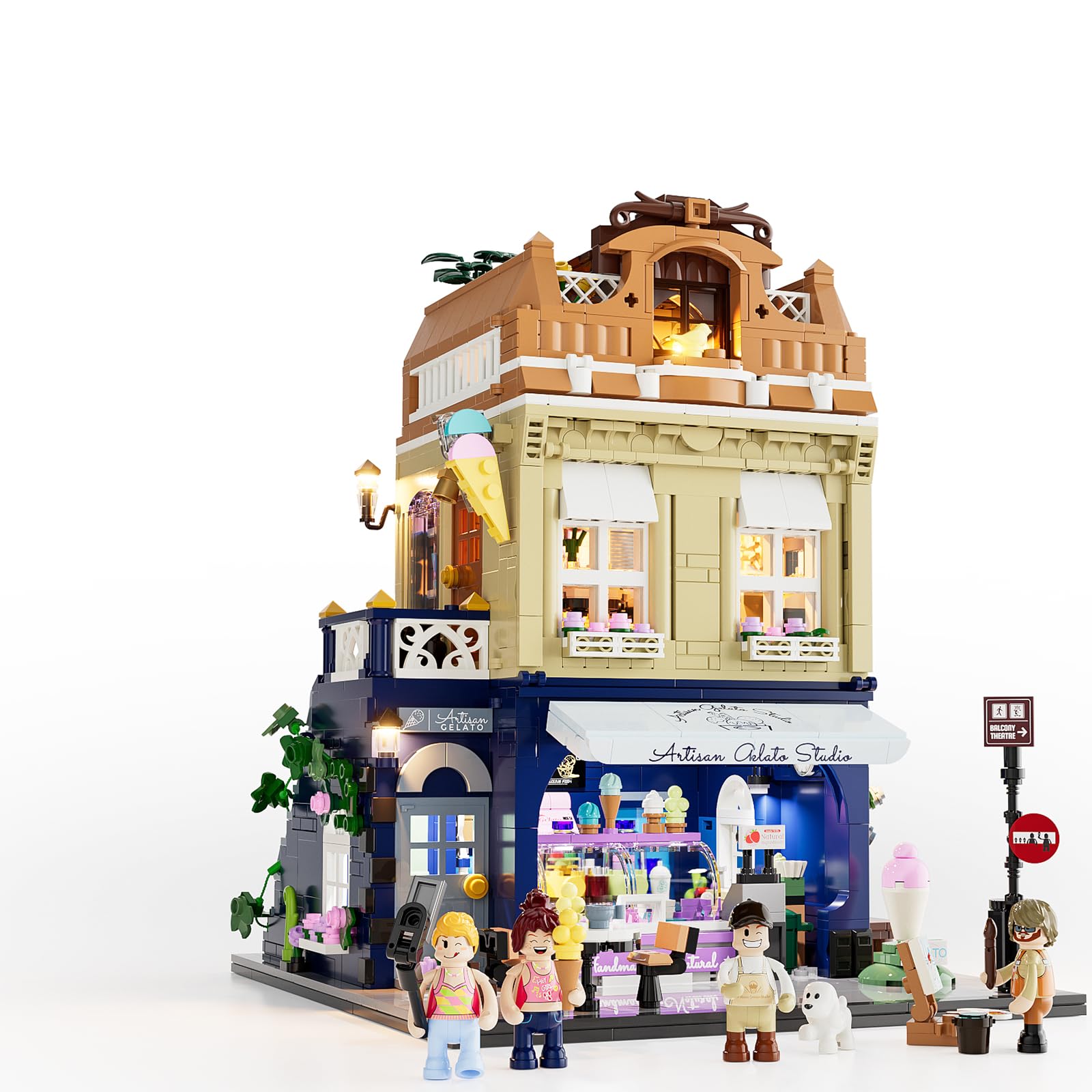 LUMIBRICKS Gelateria zestaw klocków zaciskowych z oświetleniem LED, 1948 elementów, europejska modułowa kamienica dla dorosłych, 3-poziomowy model lodziarnisty do kolekcjonowania i wystawiania