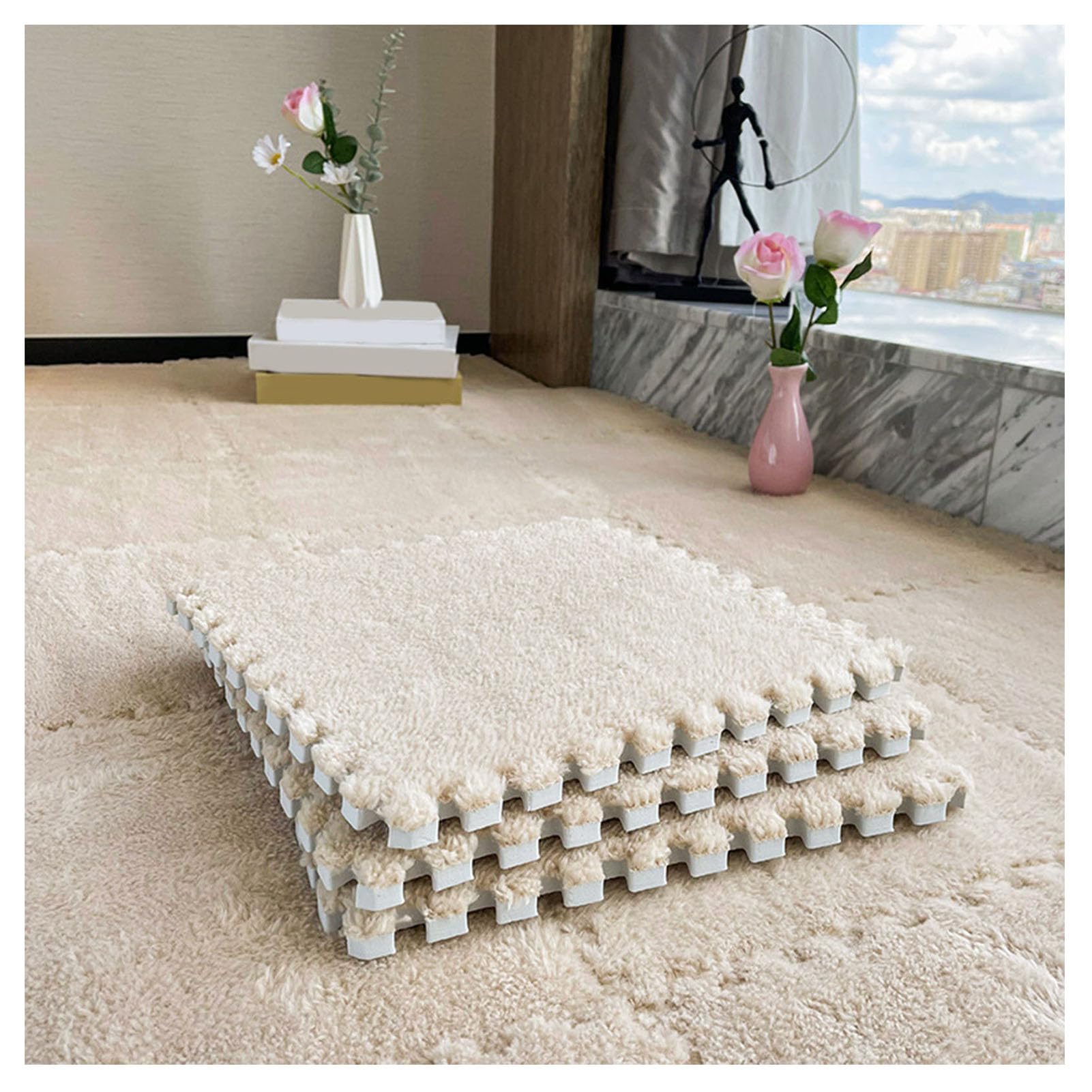 Dalles de Moquette en Mousse emboîtables (80 pièces) - Tapis Puzzle Doux à Motif P pour Chambres, Salons et Chambres d'enfants - Dalles Puzzle en Mousse Abricot (épaisseur : 0,23 Pouce)