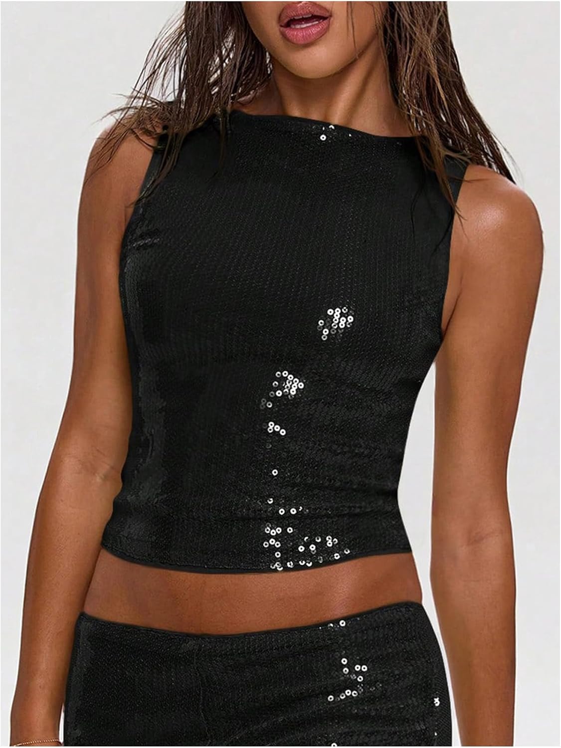 MakeMeChic Women's Sparkly Sequin Tops Y2k Sleeveless Crop Going Out Rave Tops Clubwear - Image 3