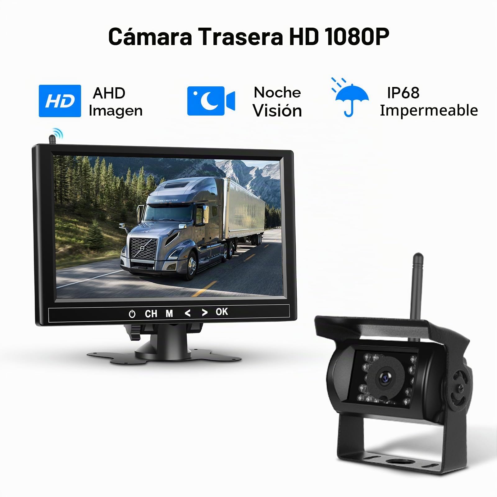 Kit de 4 cámaras traseras inalámbricas HD 1080P, Monitor LCD Podofo de 9 Pulgadas con 4 cámaras de Respaldo para Remolque, Autocaravana, camión, autobús, detección de Punto Ciego y líneas guía