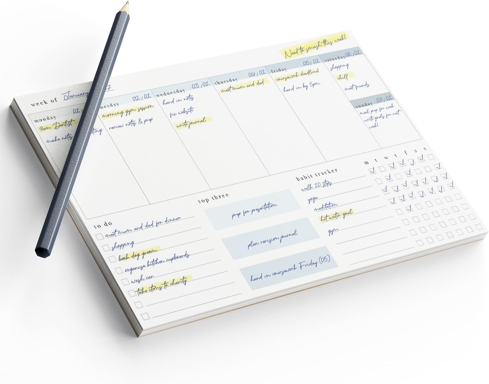 A3 Weekly Planner (Week to View), 60 Page Jotter Desk Pad, 100gsm Paper