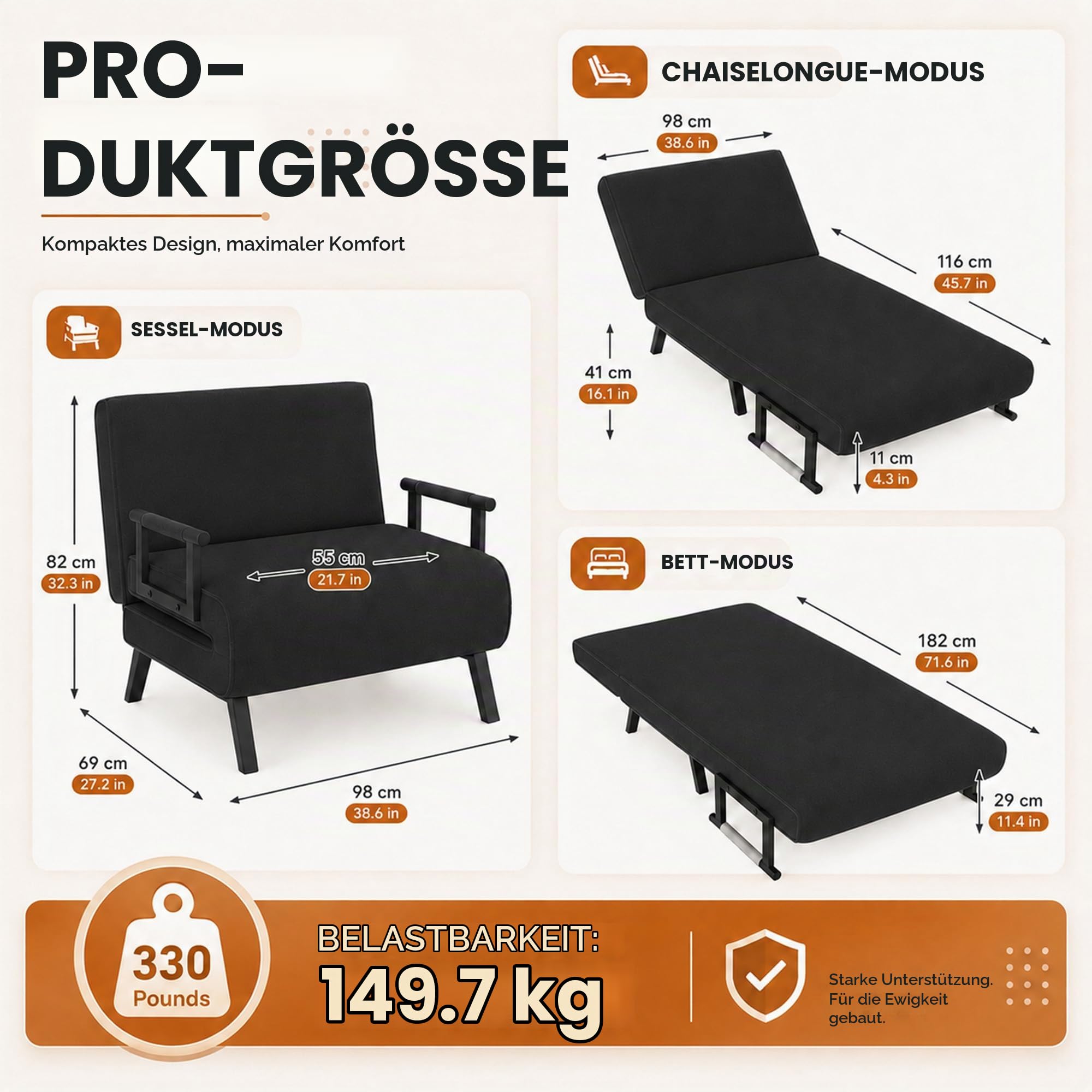 2-in-1-Schlafsofa mit Armlehnen – Bettfunktion – Verstellbare Rückenlehne – Inklusive Kissen – Bis zu 200 kg – Klappstuhl, Liegesessel, Schlafsofa, Klappbett, Gästebett, Wohnzimmer, Schwarz