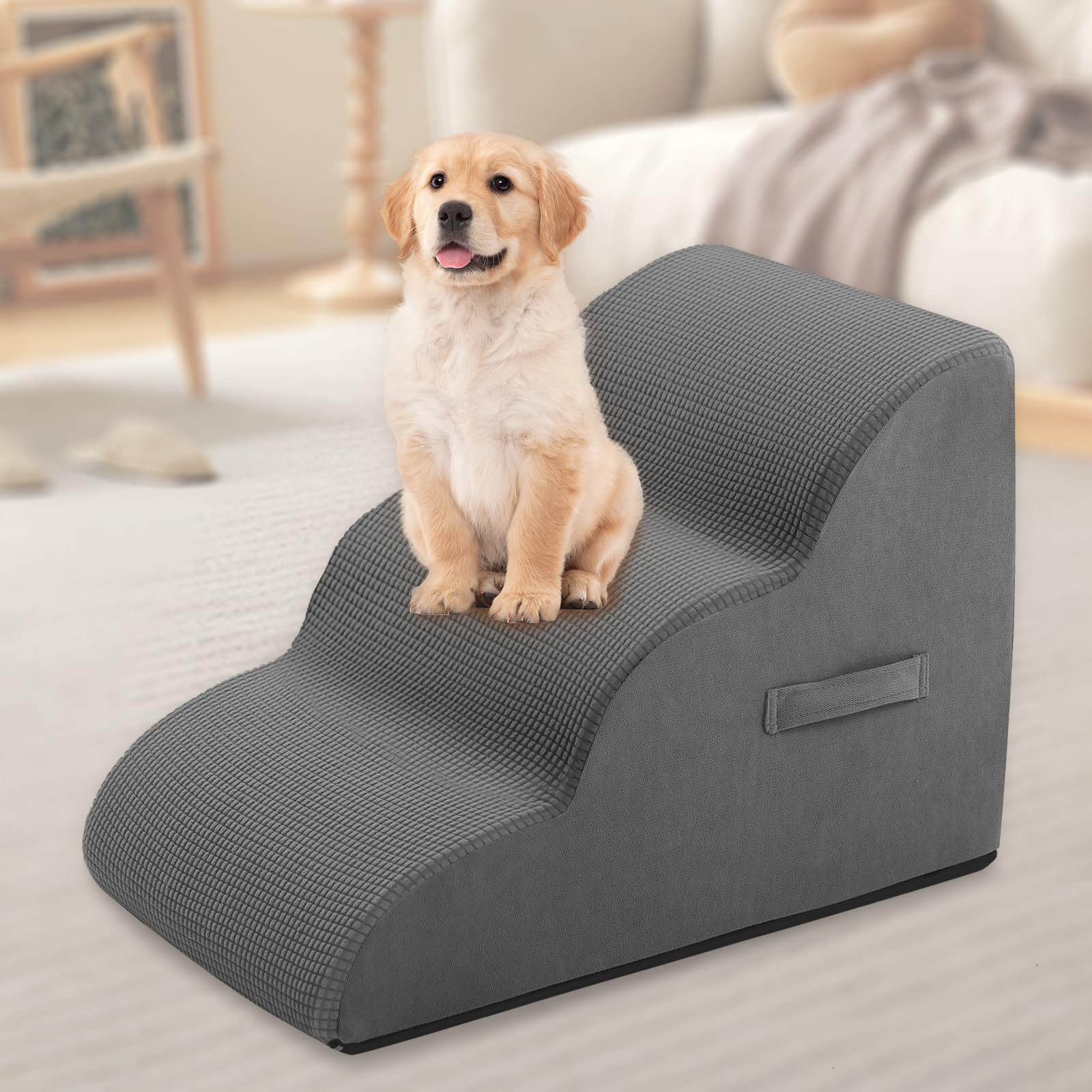 Dog Steps for Small Pets, Dog Stairs for High Beds and Couch, 16" 3-Step High Density Foam Pet Stairs for Dogs Injured, Older Dogs Cats, Pet with Joint Pain (Grey)