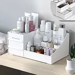 Organizador de Maquiagem e Joias, Porta Canetas com 2 Gavetas e Divisórias Fixas – Multiuso para Cosméticos, Batons, Pincéis e Acessórios de Mesa, Escritório e Bancada