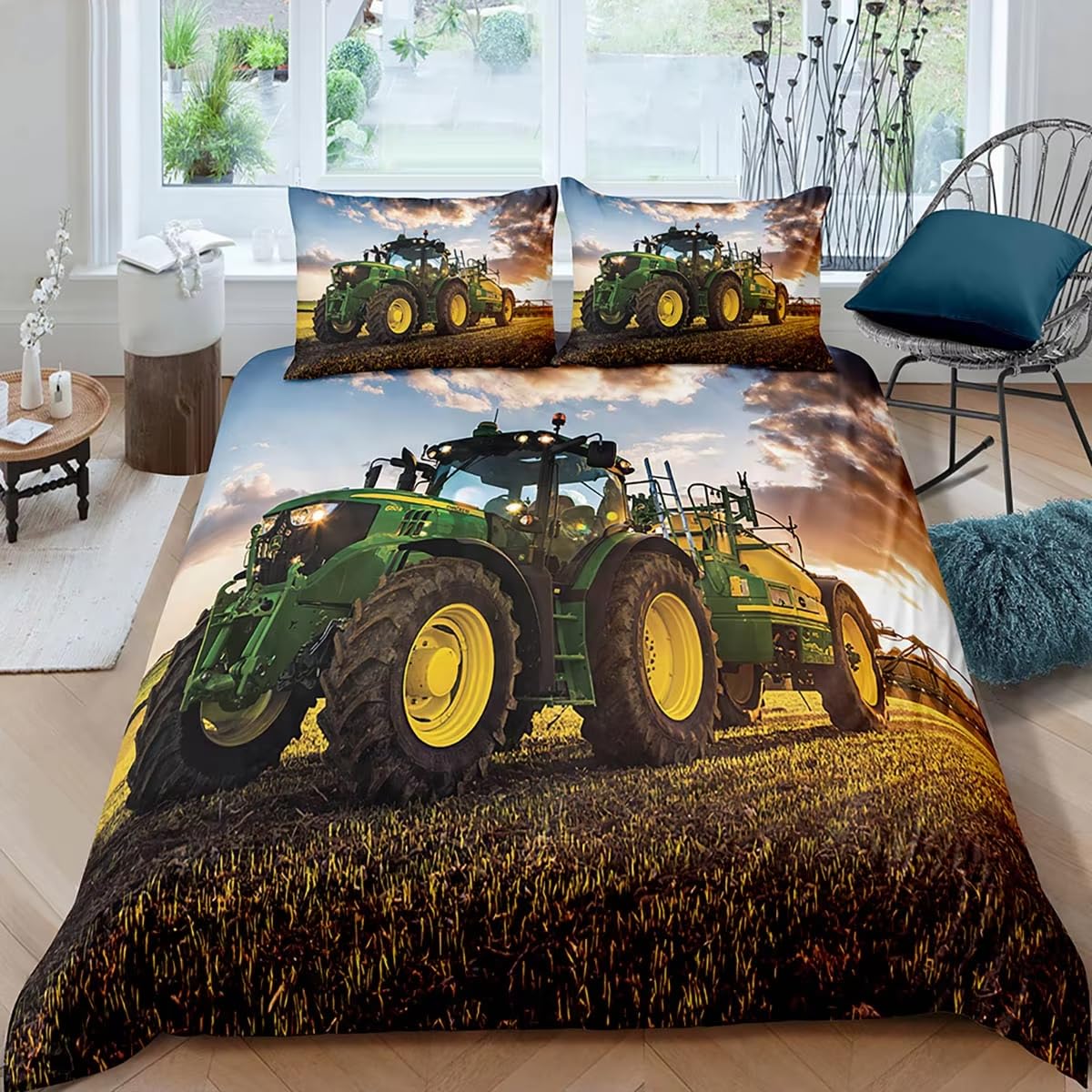 Bettwäsche 155x220 GrüNer Traktor Bettwäsche-Set mit Reißverschluss Schließung und 2 Kopfkissenbezug 80x80 cm - Weicher Atmungsaktive Mikrofaser Bettbezug für Kinder Mädchen