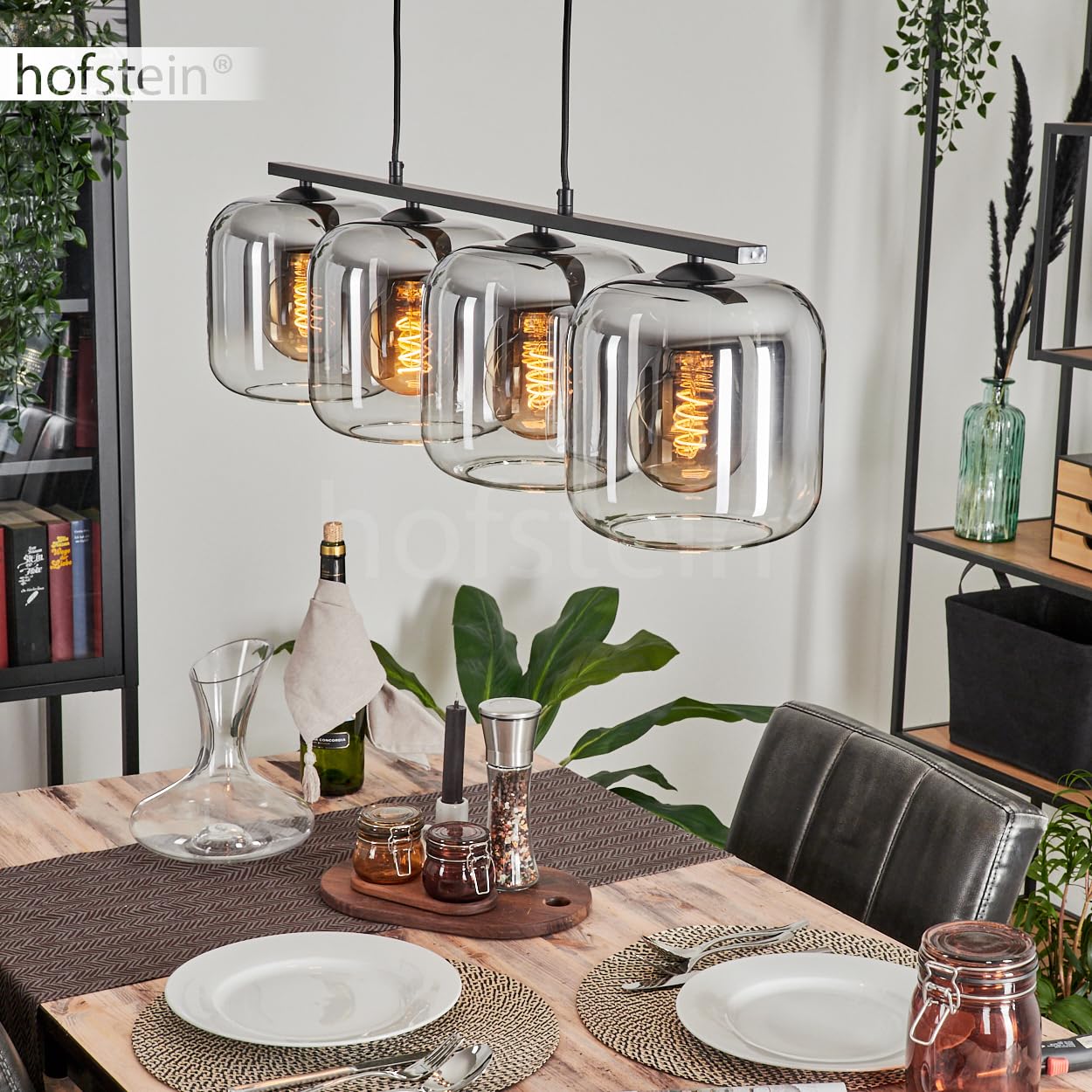 Pendelleuchte Lauden, Hängeleuchte aus Metall/Glas in Schwarz/Rauchfarben/Klar, Leuchte im Vintage/Retro Design, Schirme aus Glas (Ø 20 cm), 4-flammig, Höhe max. 111,5 cm, 4 x E27, ohne Leuchtmittel