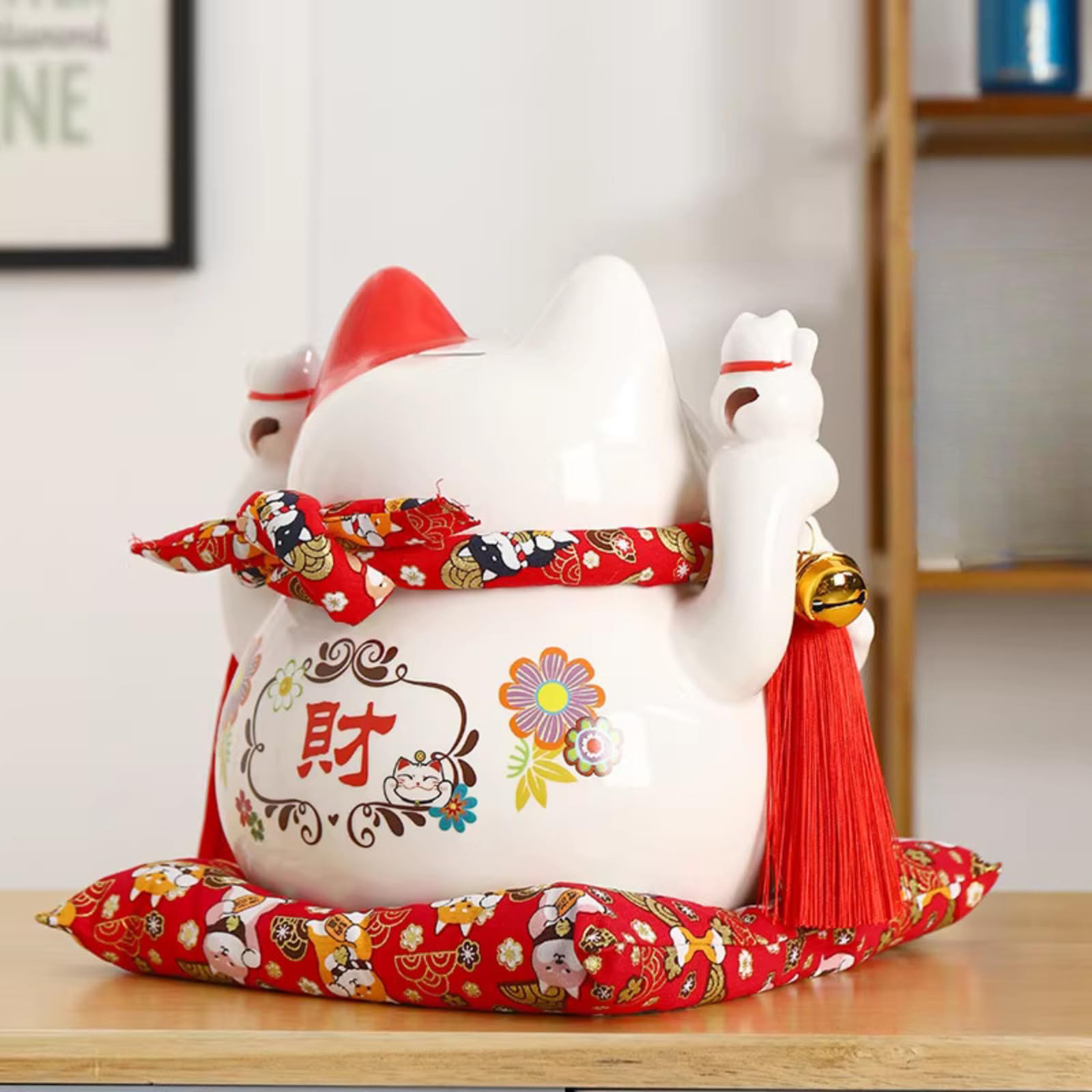 Maneki Neko japonés de cerámica blanca de 24 cm, estatua de gato de la suerte para decoración del hogar