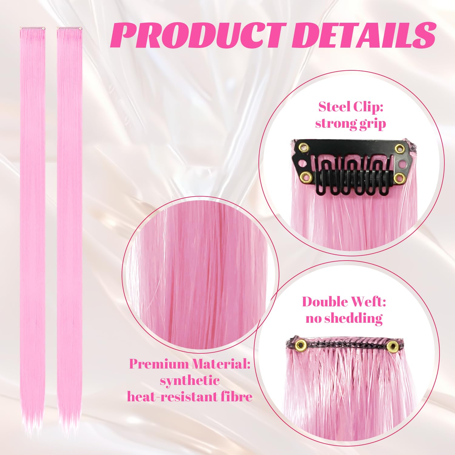 10 Pcs Pink Hair Extensions, Light Pink, 22 tum - Image 3