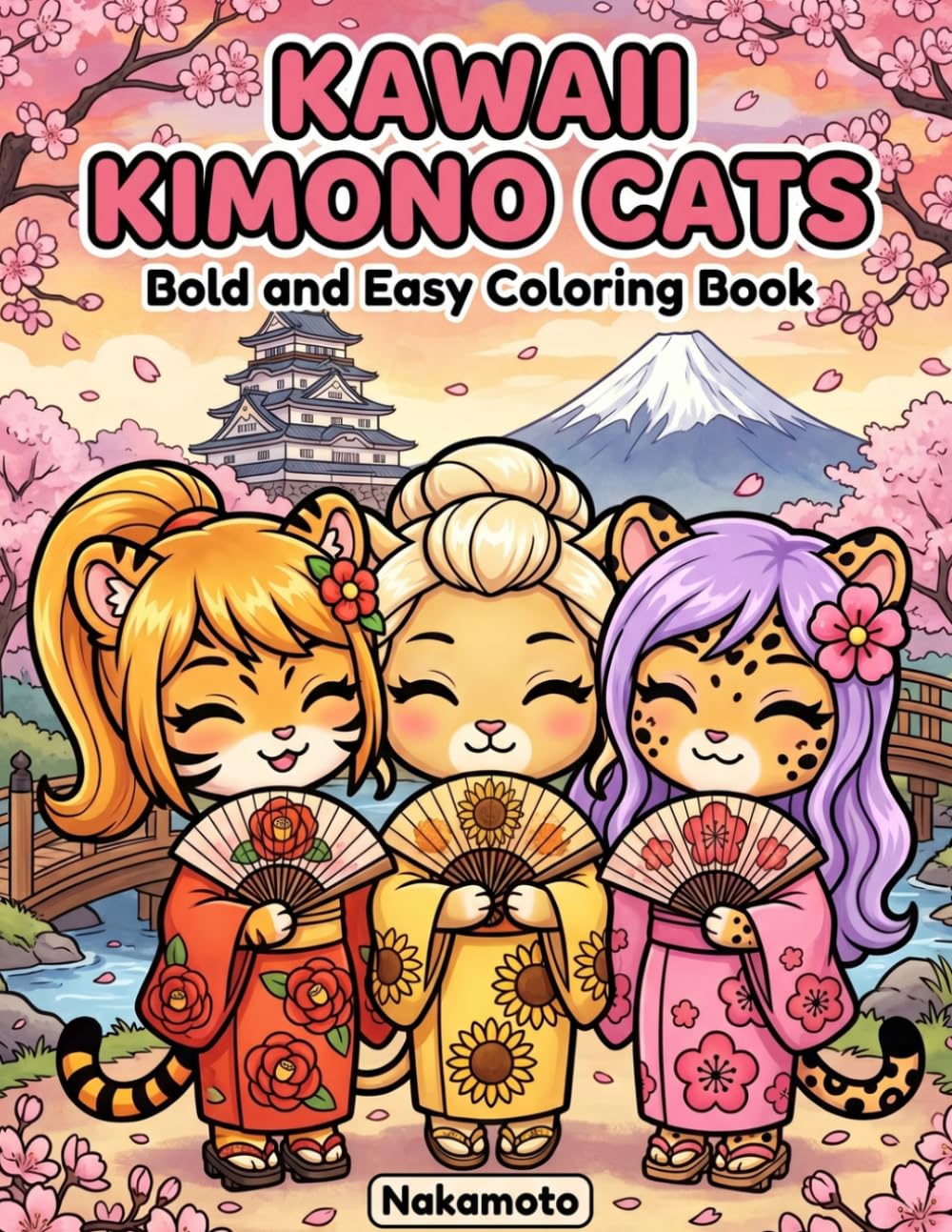 Kawaii Kimono Cats: A Bold and Easy Coloring Book with Cute Cat Girls in Cozy Japan - Cherry Blossoms, Mount Fuji & Ukiyo-e for Adults and Teens