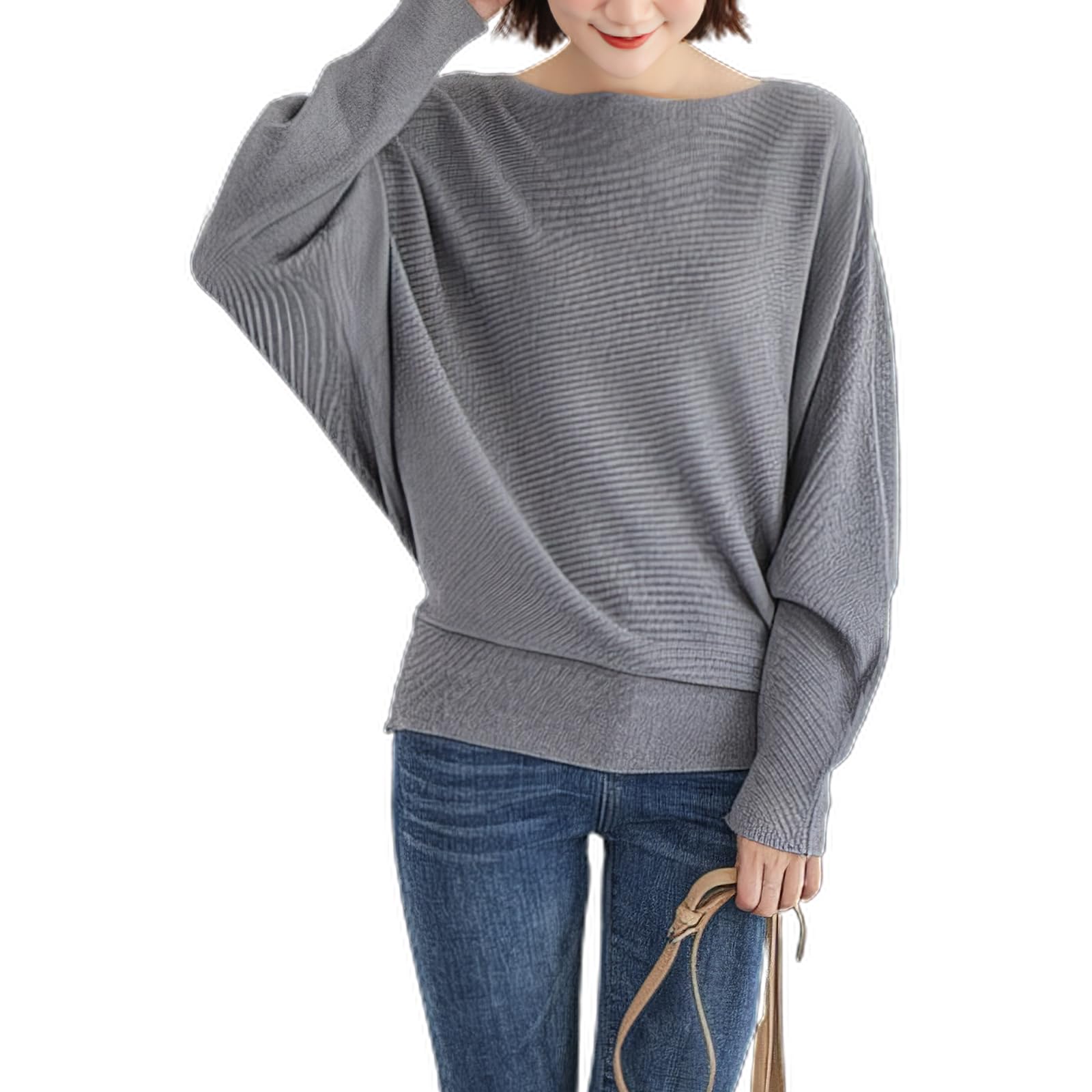 Qin Derdom Pull Chauve-Souris pour Femme - Pull Côtelé Ample Taille Unique avec Col Bateau, Pull Surdimensionné avec Manches Longues Dolman