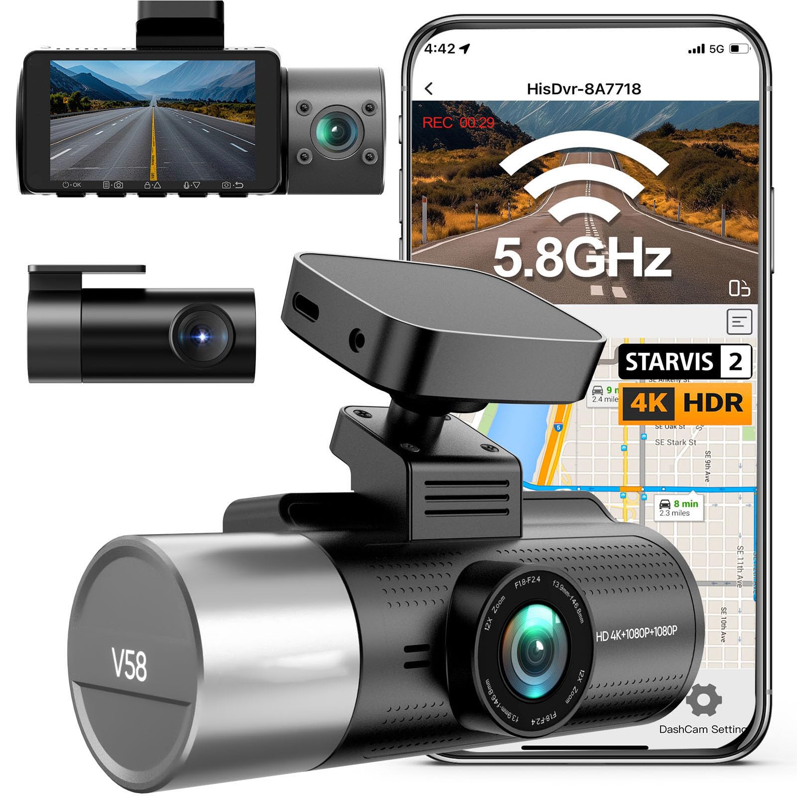 Front 4K Ultra HD i Tylna Taśma Samochodowa 1080p z Wi -Fi, Kamera Deski Rozdzielczej Rejestrowania Pętli, Kąt Szerokości 170 °, Czujnik G, Tryb Parking