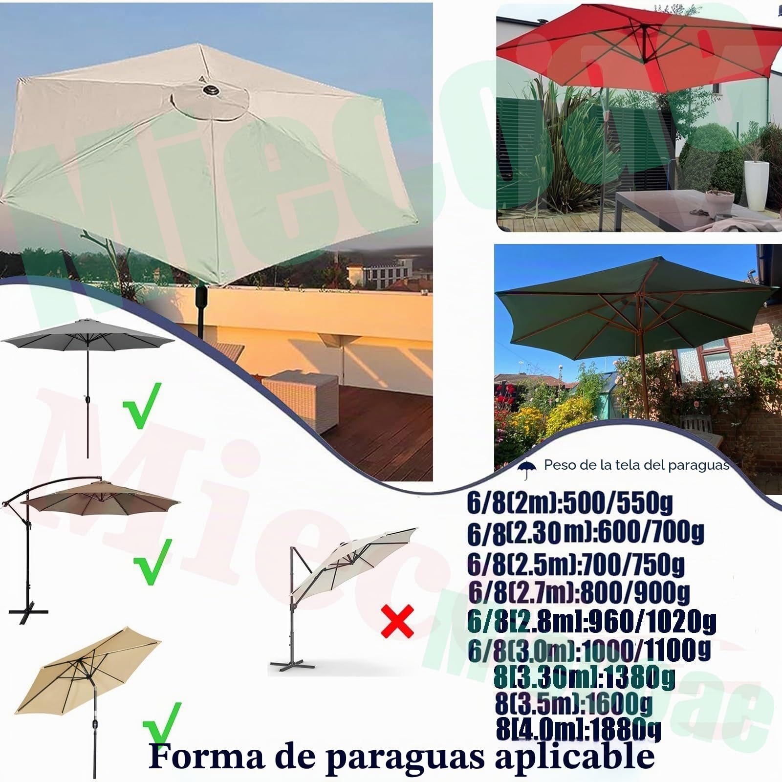 Toldo de Repuesto para Sombrilla Patio 3.0/2.8/2.7/4/2.30m Cubierta Paraguas Mercado con 8 varillas/6 Brazos Exteriores Recambio Tela jardín Piscina Terrazas en Voladizo(Beige Blanco,8 Ribs 4.0m)