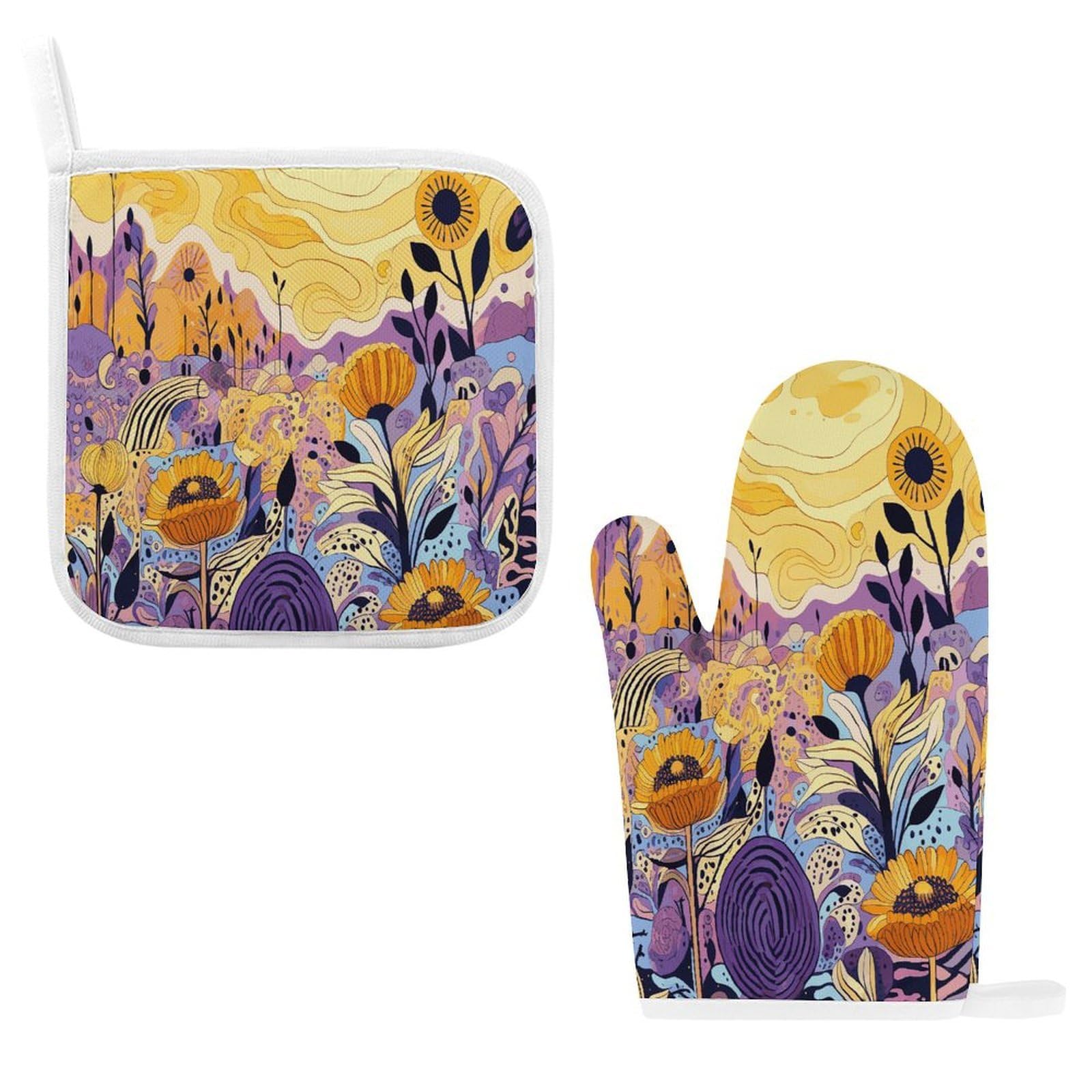 Btcowzrv Style Hand Drawn Flowers Oven Mitts And Pot Holders 2Pcs Set