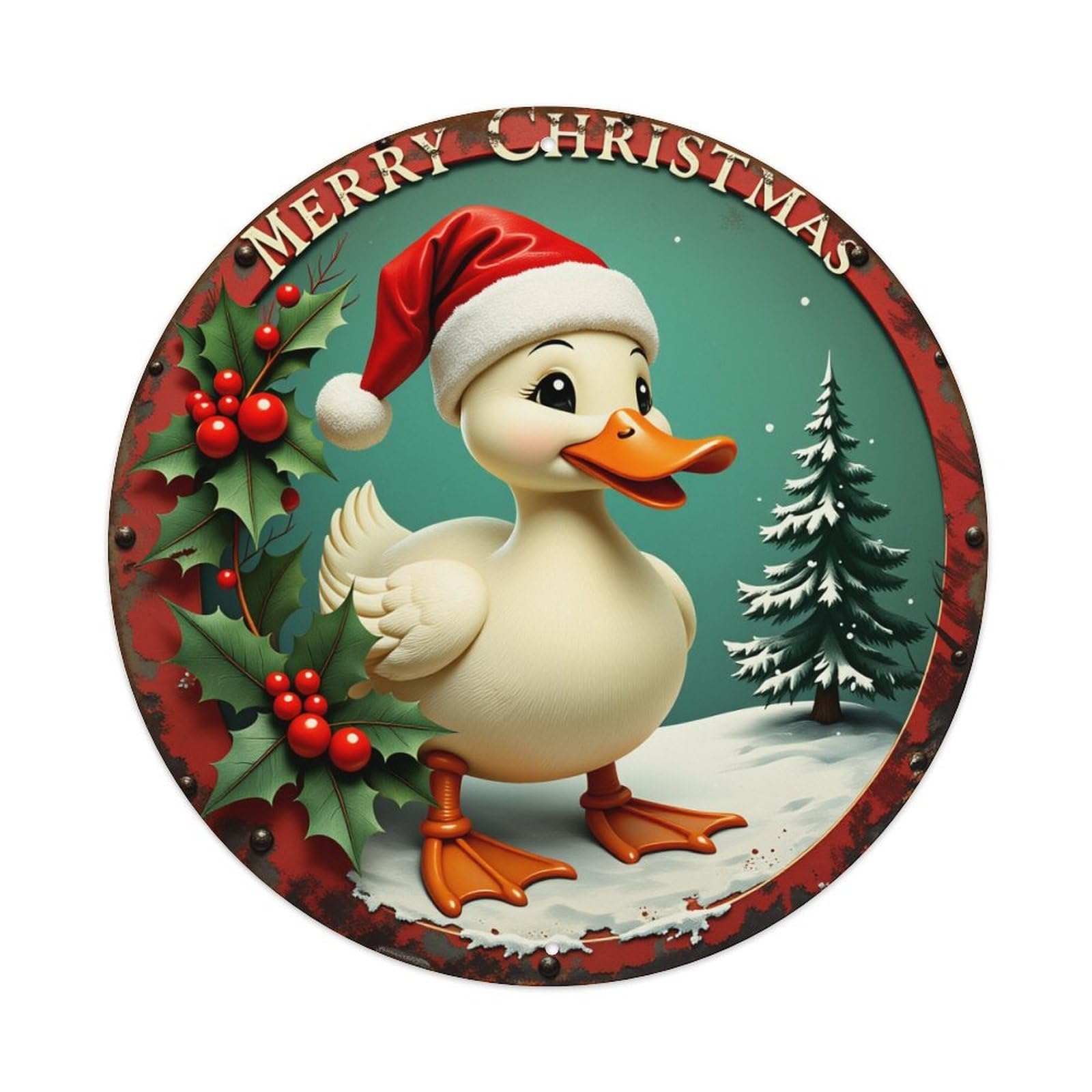 Lzwbntey Vintage Christmas Duck Holiday Scene Pattern Metal Tin Sign Retro Wall Decor For Home Bar Garage Cafe, Indoor & Outdoor Decorative，Circle Metal Poster, 8X8 Inch