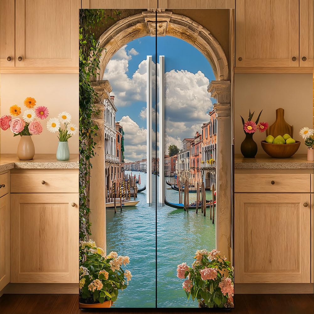 GOMAKERER 2 Pcs Balcony Street View Refrigerator Wraps, Self-Adhesive Refrigerator Wrap Set Removable Fridge Sticker Fridges Panel Cover Sticker for Kitchen Bar Decor, 41.5 x 200 cm