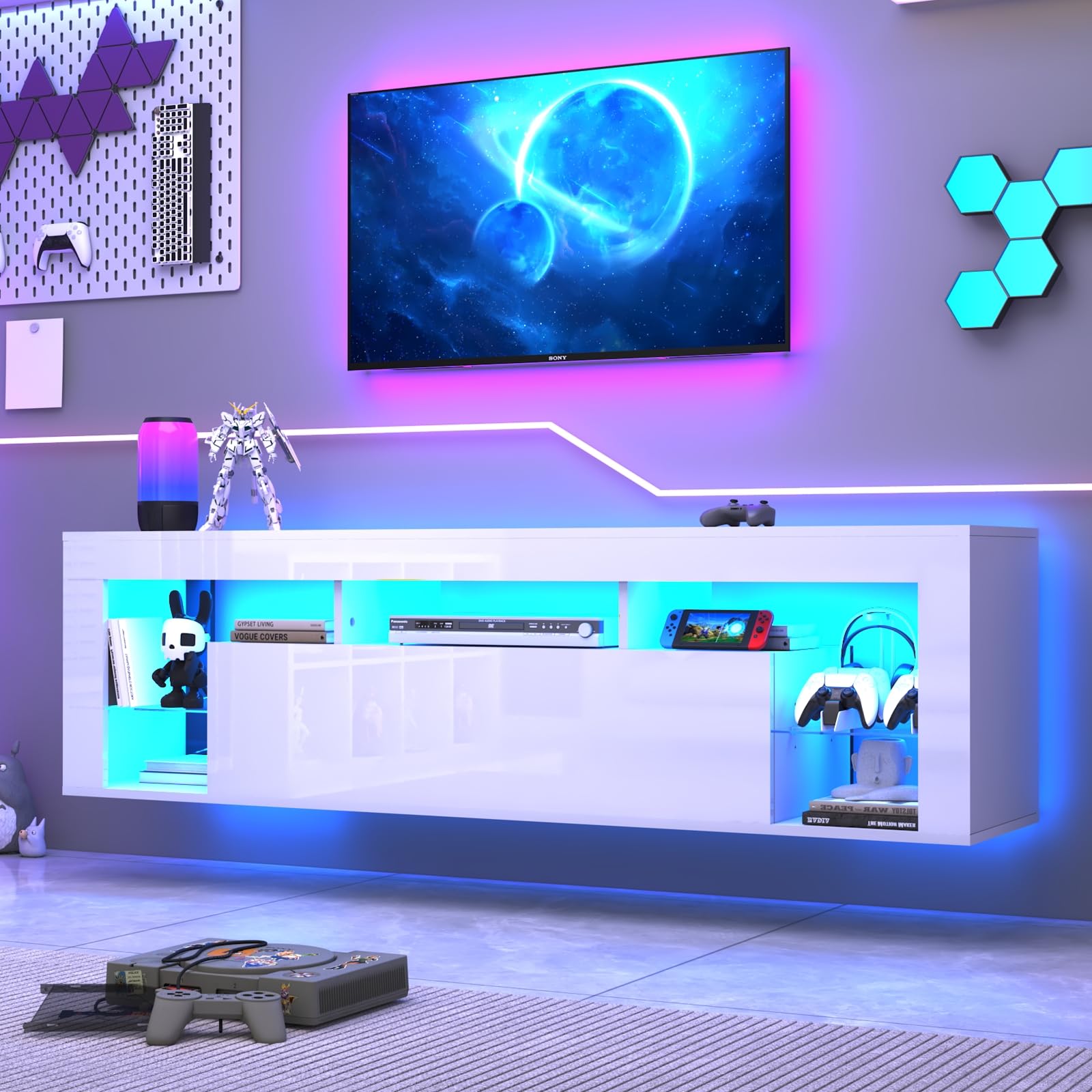 chartustriable 63" Floating High Gloss LED TV Stand for 75" TVs, Wall-Mounted Entertainment Center, Modern Media Console with Open Adjustable Glass