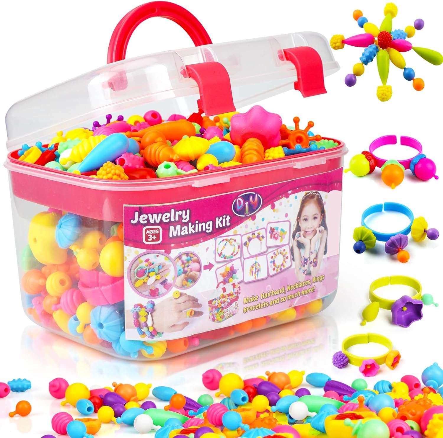FUNZBO 520+ Snap Pop Beads - Jewelry Making Kit for Kids, Arts and Crafts for Kids Ages 4-8, Toys for 3 4 5 6 Years Old Girls Christmas Birthday Gifts Ideas, Bracelet Necklace Ring Snap Set for Girls
