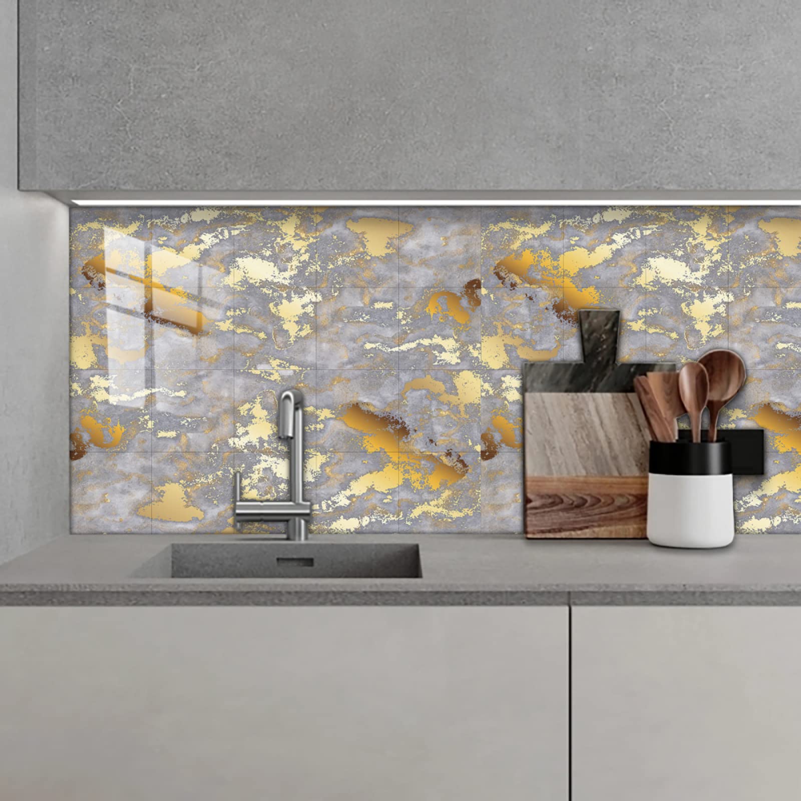 Grey Gold PVC Self Adhesive Wall Tiles - Durable Peel and Stick Floor Tiles - Water Proof for Bathroom and Kitchen - 15x15cm/10 pcs