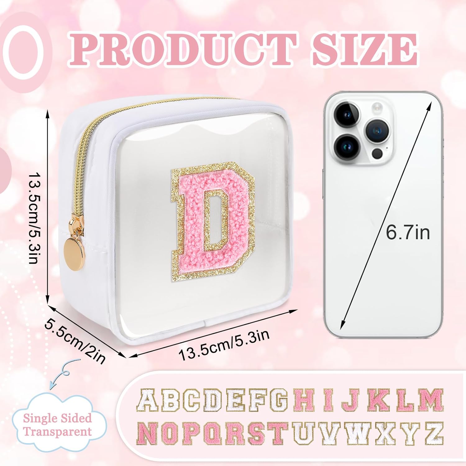 Mini Clear Personalized Initial Makeup Bag,Nylon Preppy A-Z Chenille Letter Patch Zipper Cosmetic Bag, Small Cute Beach Pouch Travel Purse Sanitary Napkin Storage Bag for Women Girls(White-Pink D) - Image 2